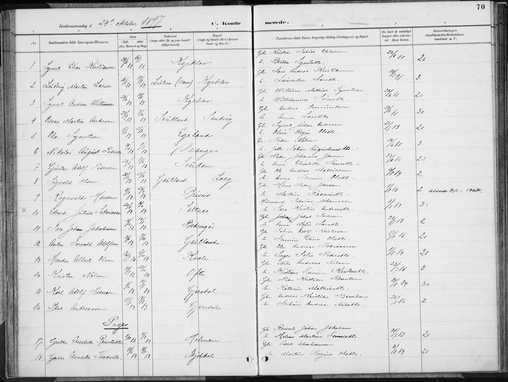 Herad sokneprestkontor, SAK/1111-0018/F/Fa/Faa/L0006: Parish register (official) no. A 6, 1887-1907, p. 70