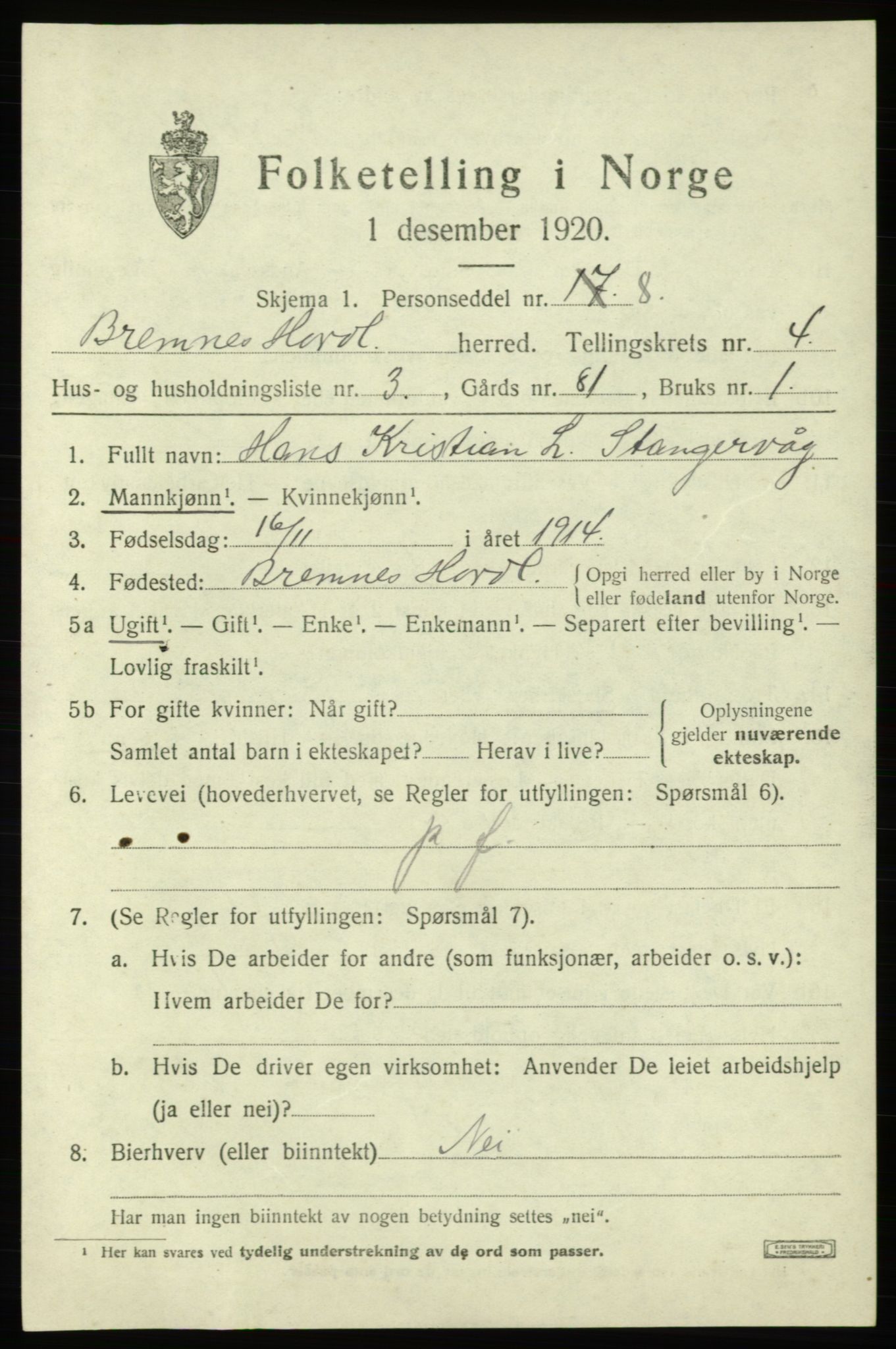 SAB, 1920 census for Bremnes, 1920, p. 1838