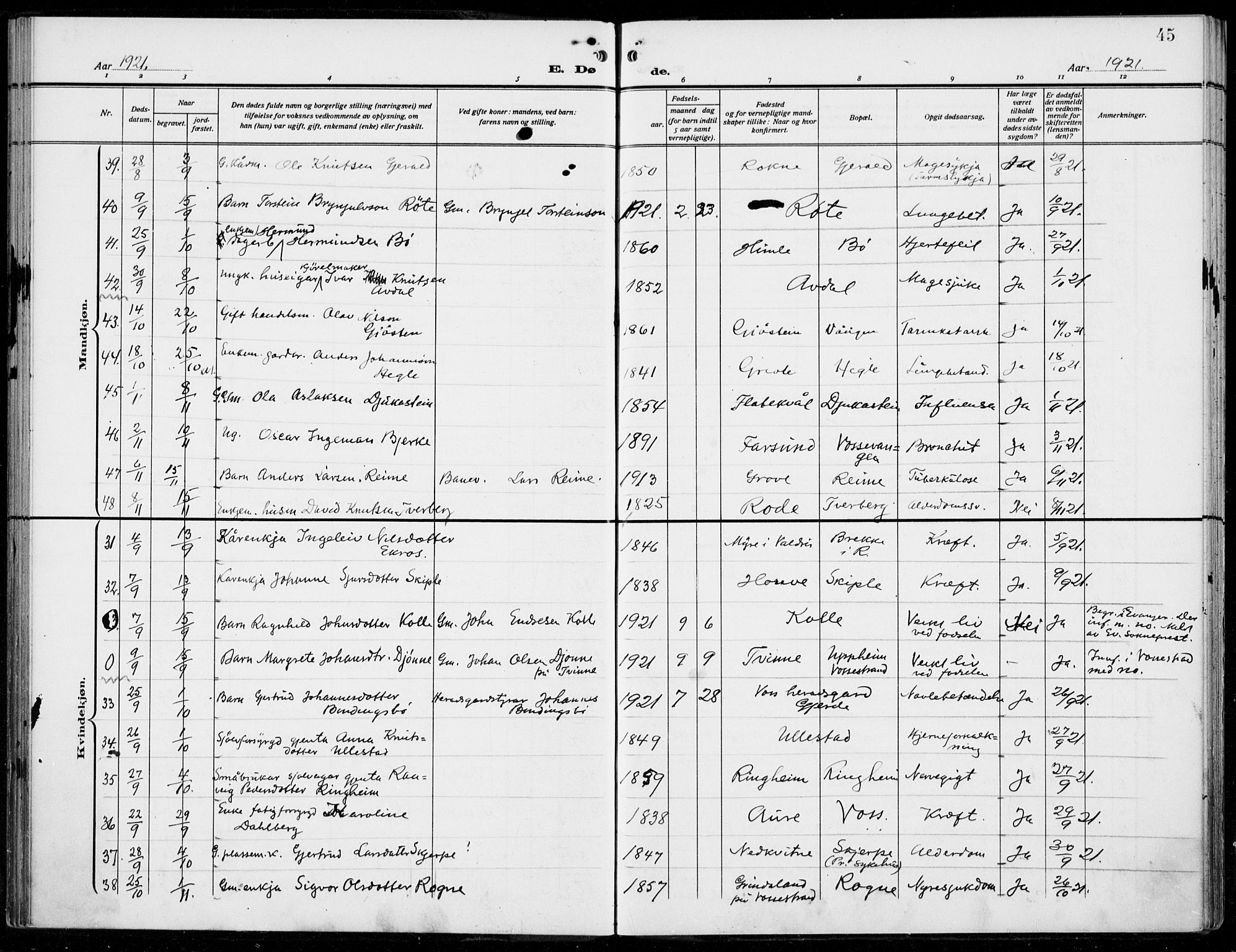 Voss sokneprestembete, AV/SAB-A-79001/H/Haa: Parish register (official) no. D  2, 1910-1932, p. 45