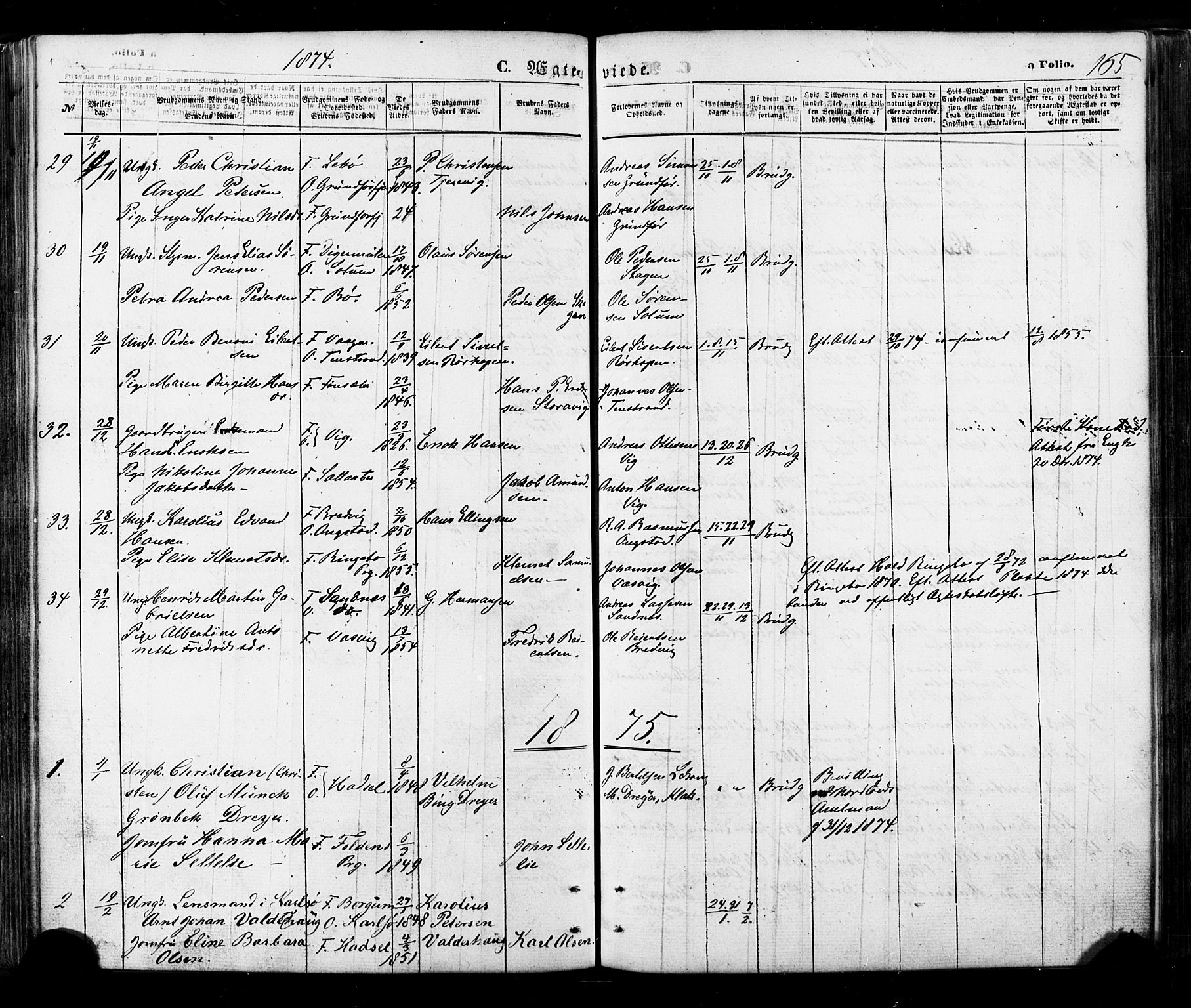 Ministerialprotokoller, klokkerbøker og fødselsregistre - Nordland, SAT/A-1459/888/L1242: Parish register (official) no. 888A08, 1870-1875, p. 165