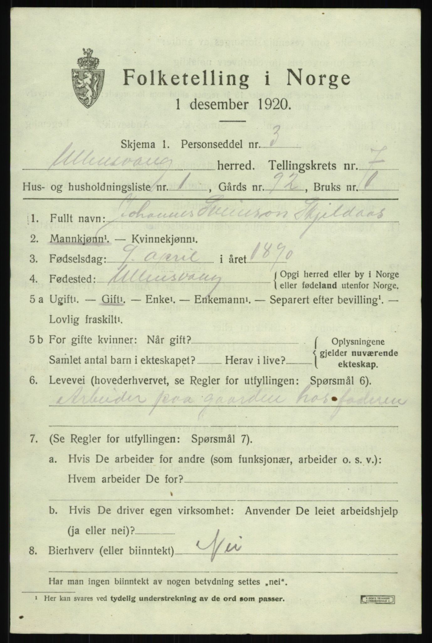 SAB, 1920 census for Ullensvang, 1920, p. 4462