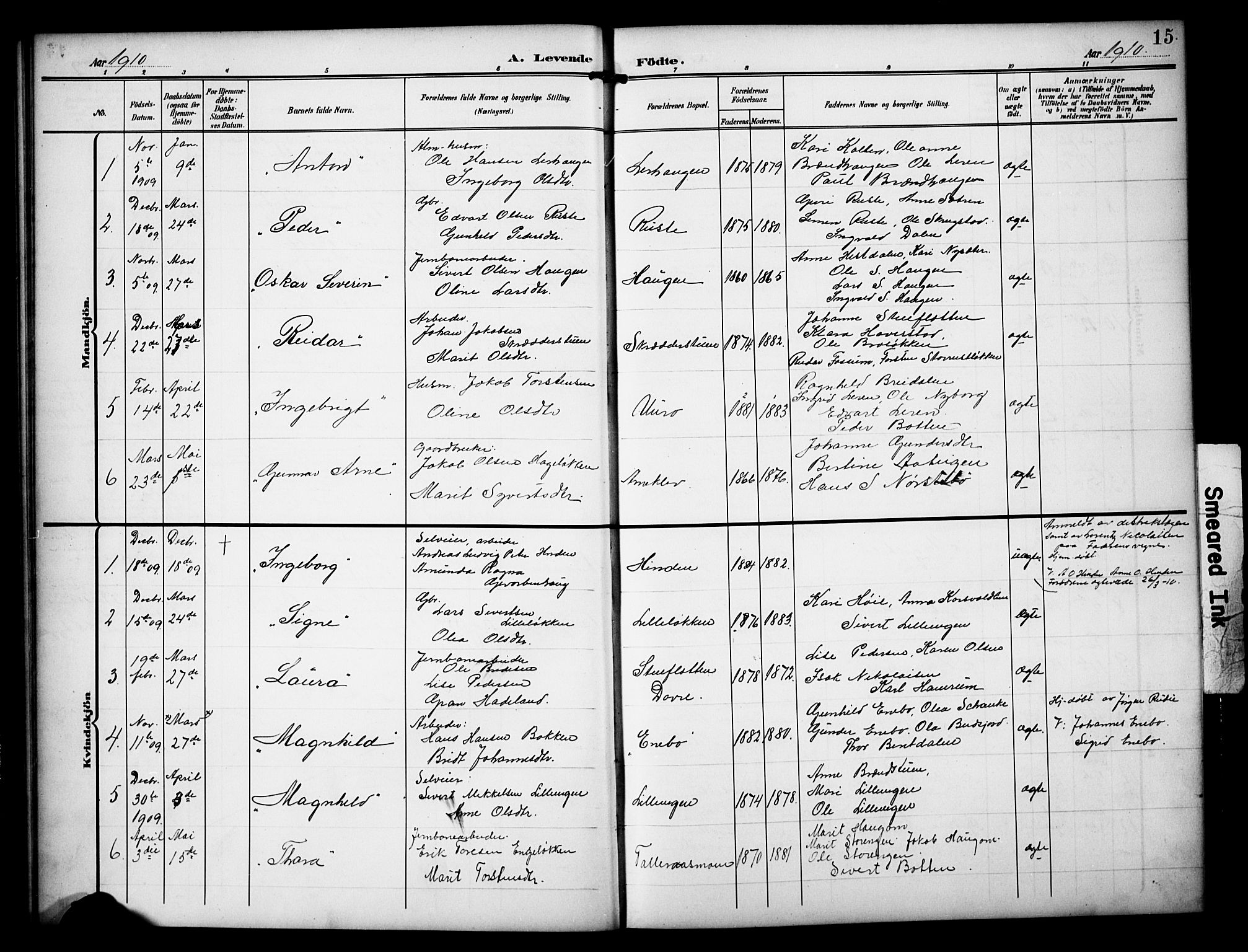 Dovre prestekontor, AV/SAH-PREST-066/H/Ha/Hab/L0003: Parish register (copy) no. 3, 1907-1929, p. 15