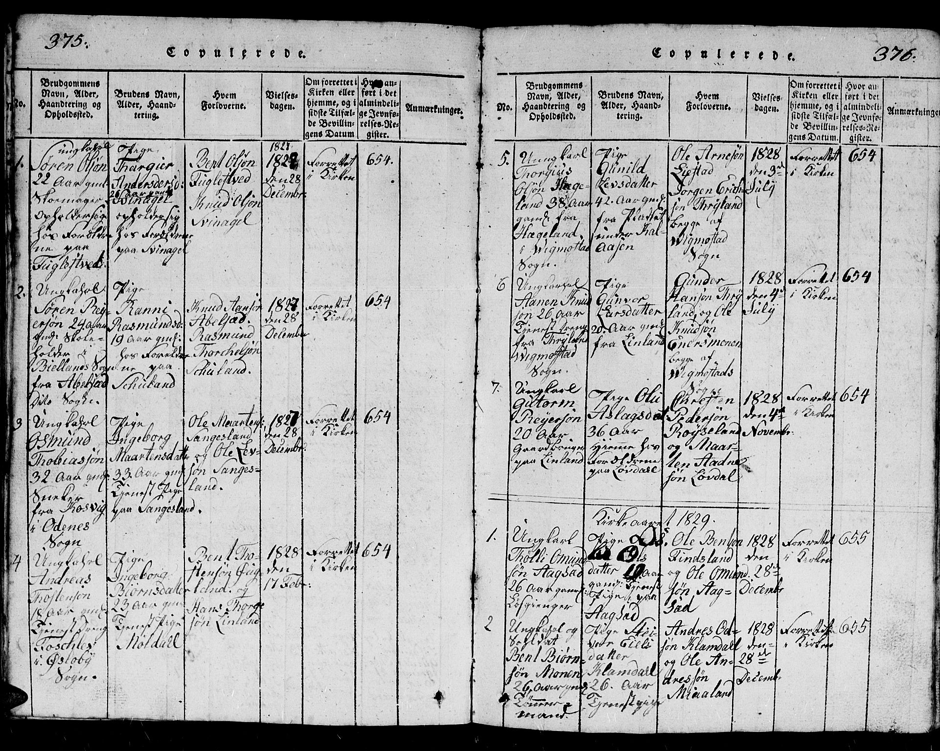 Holum sokneprestkontor, AV/SAK-1111-0022/F/Fb/Fbb/L0001: Parish register (copy) no. B 1, 1820-1847, p. 375-376