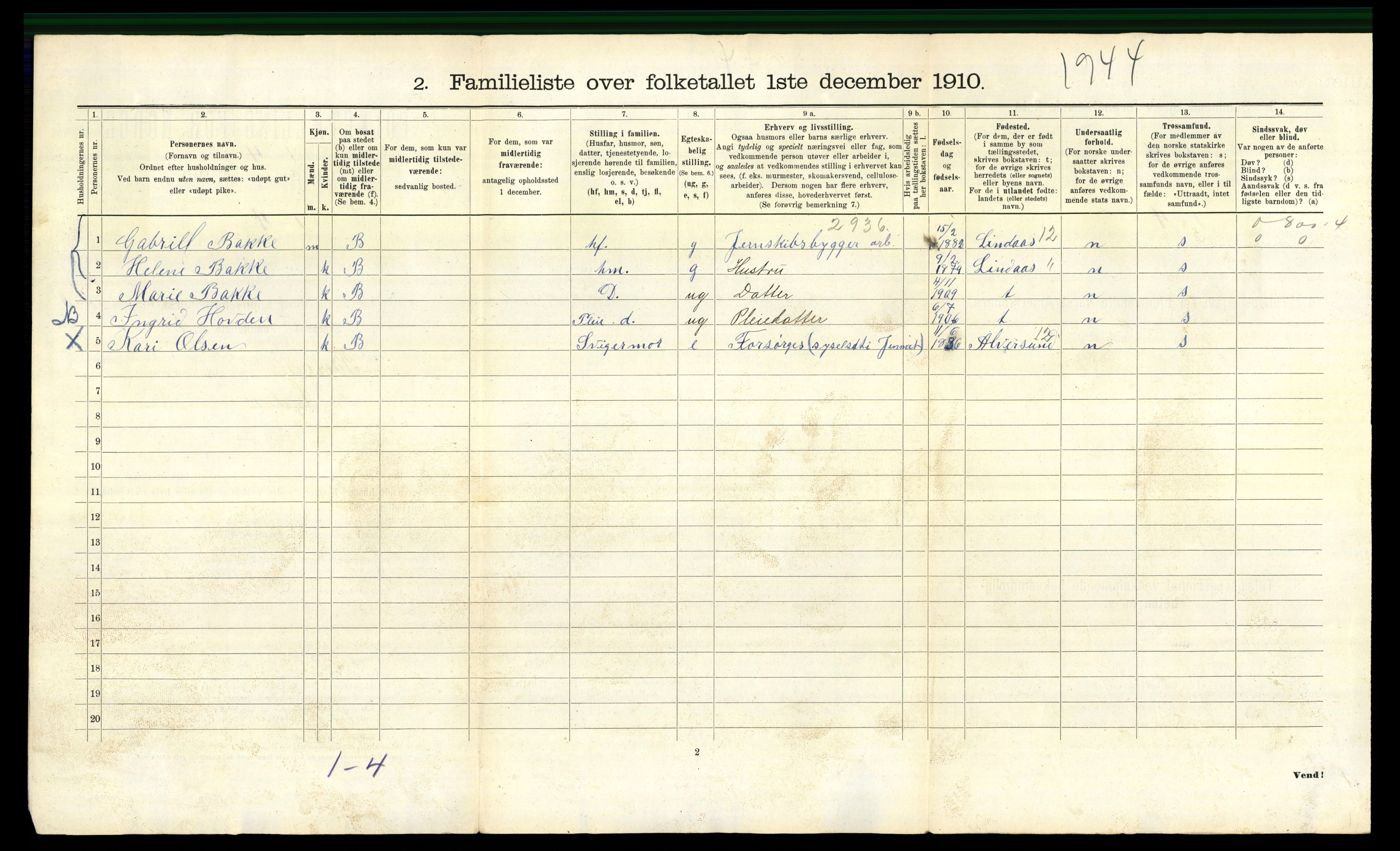 RA, 1910 census for Bergen, 1910, p. 2612