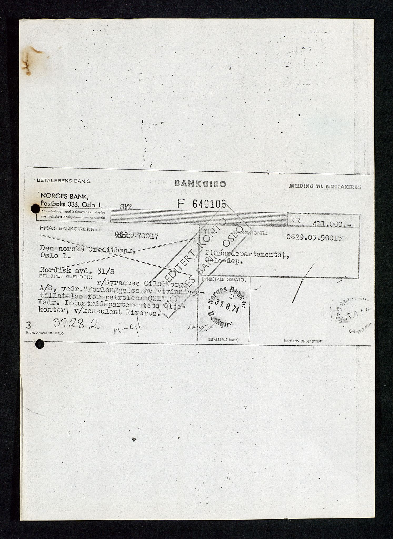 Industridepartementet, Oljekontoret, AV/SAST-A-101348/Da/L0004: Arkivnøkkel 711 - 712 Utvinningstillatelser, 1970-1971, p. 239