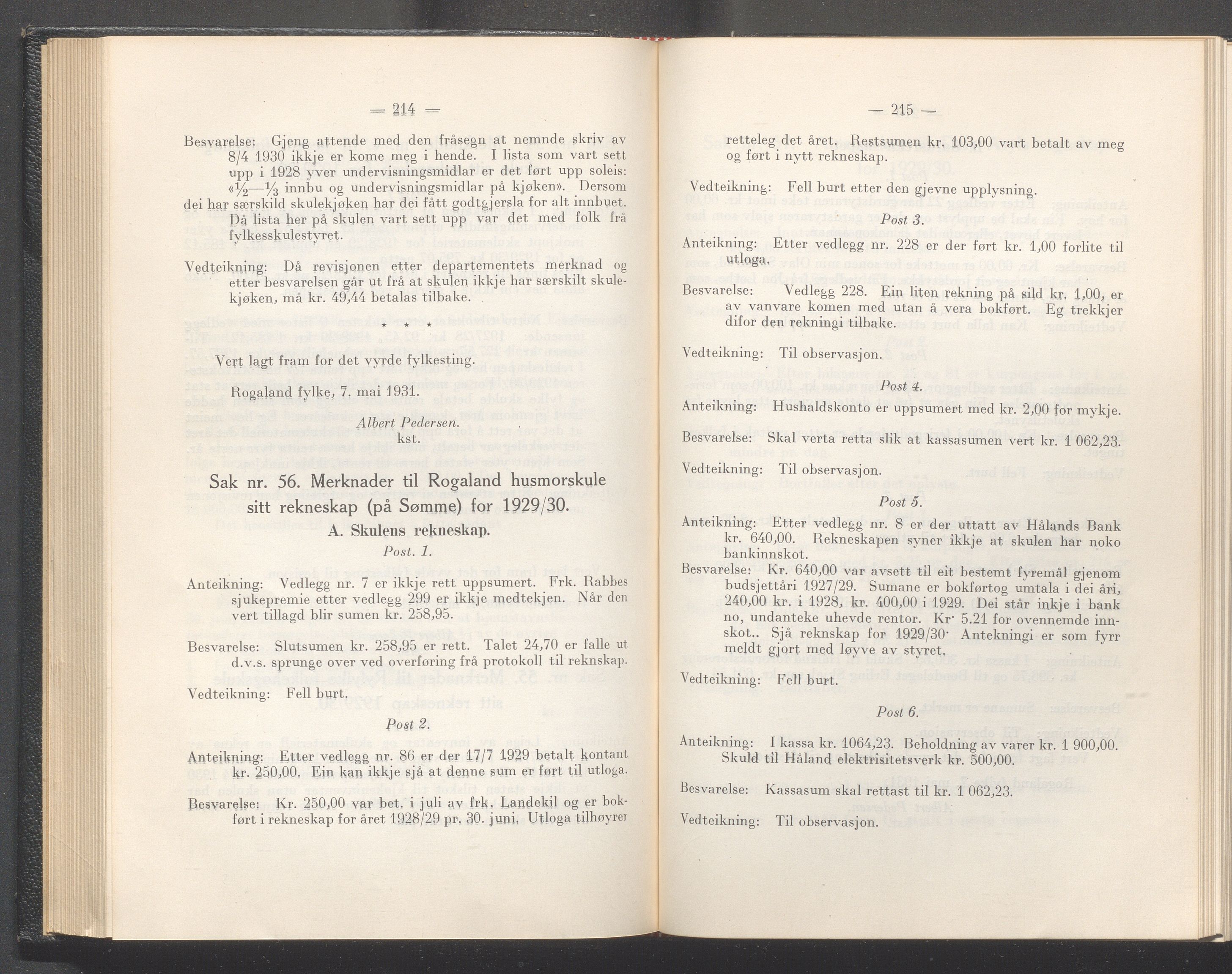 Rogaland fylkeskommune - Fylkesrådmannen , IKAR/A-900/A/Aa/Aaa/L0050: Møtebok , 1931, p. 214-215