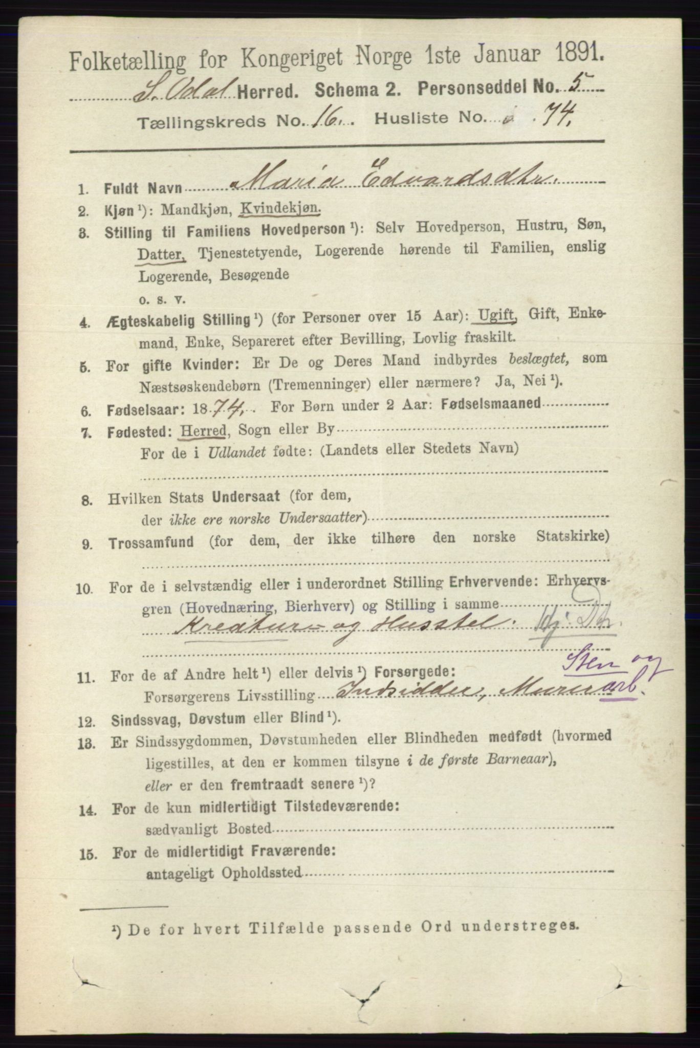 RA, 1891 census for 0419 Sør-Odal, 1891, p. 7776