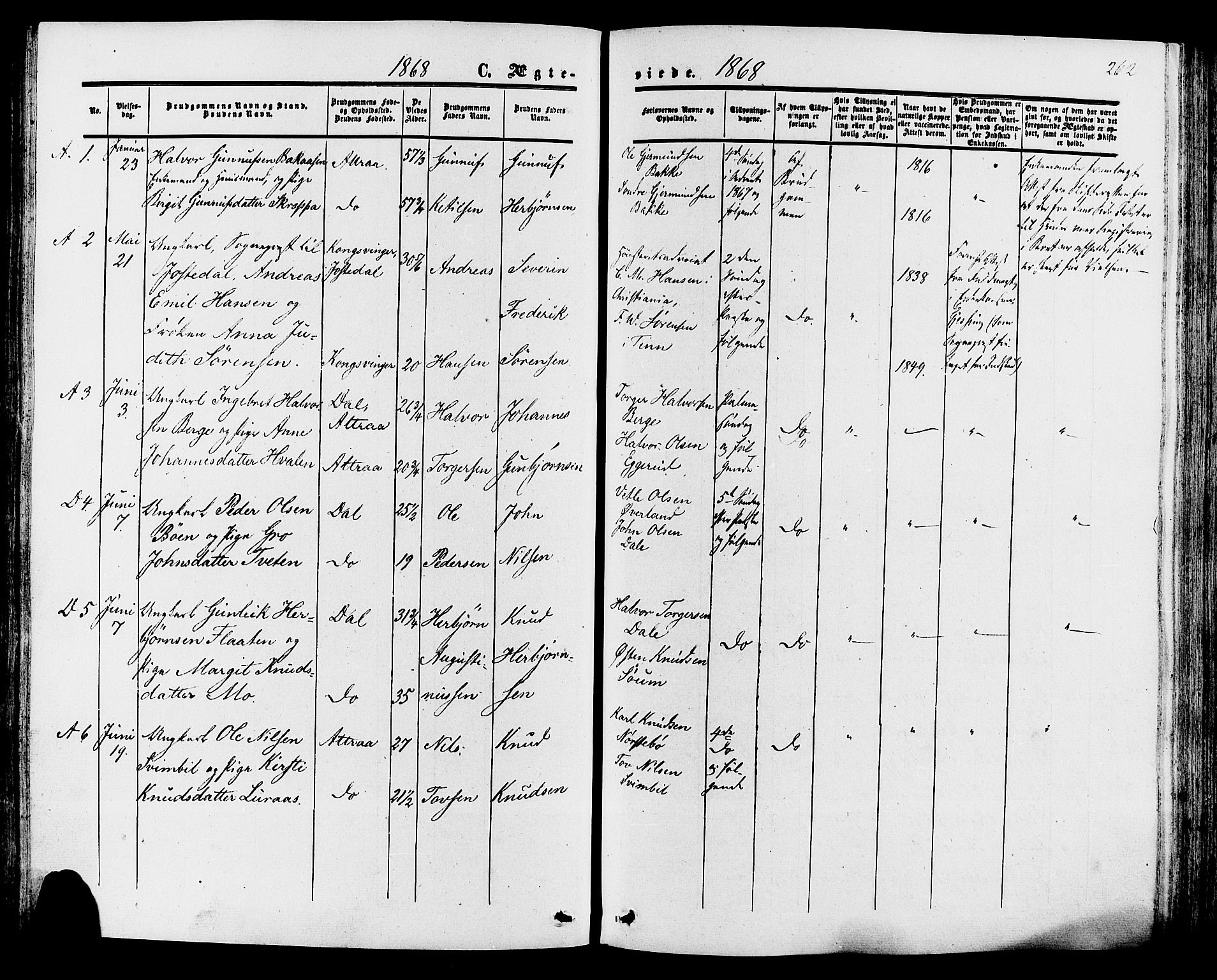 Tinn kirkebøker, SAKO/A-308/F/Fa/L0006: Parish register (official) no. I 6, 1857-1878, p. 262