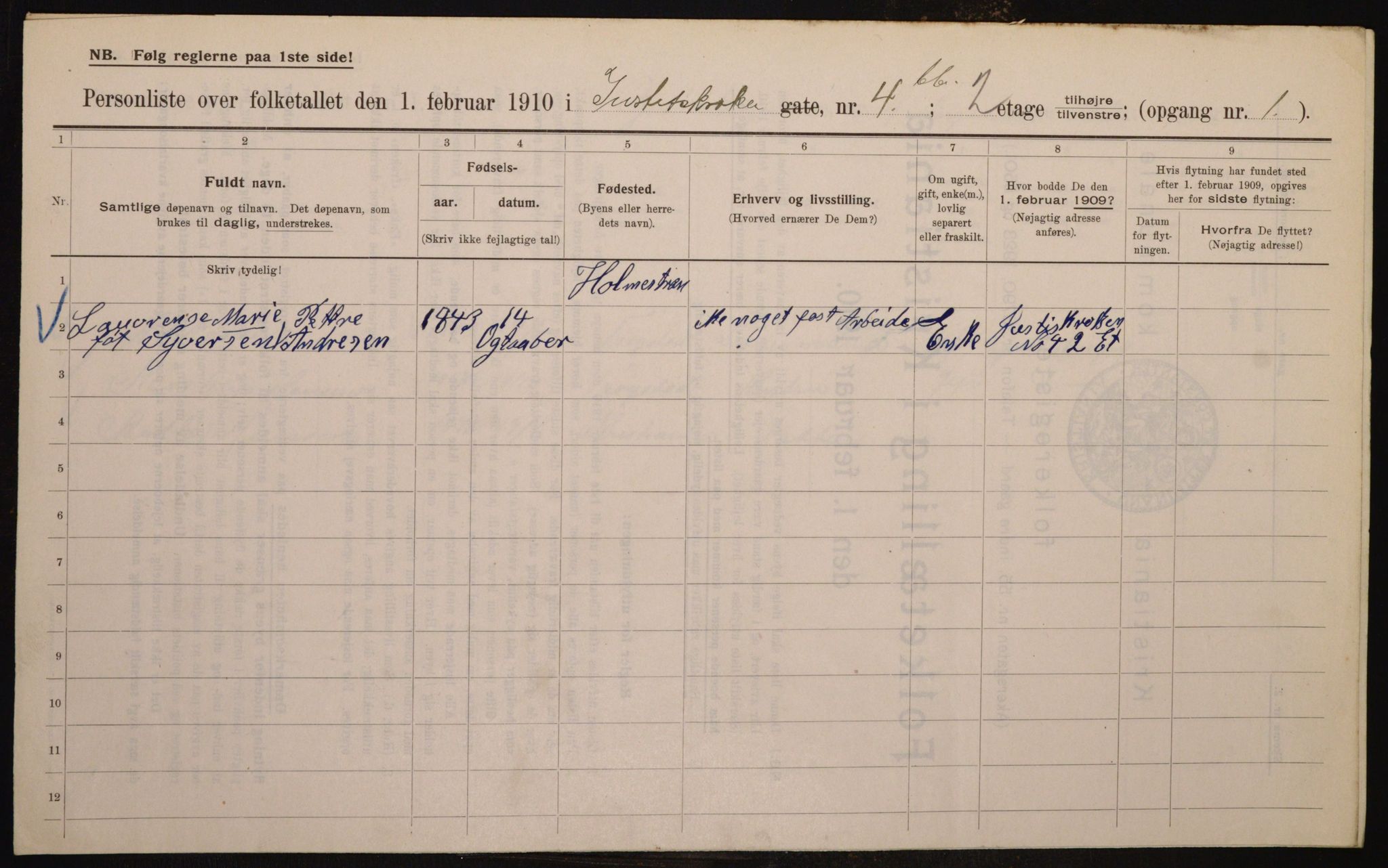 OBA, Municipal Census 1910 for Kristiania, 1910, p. 46308