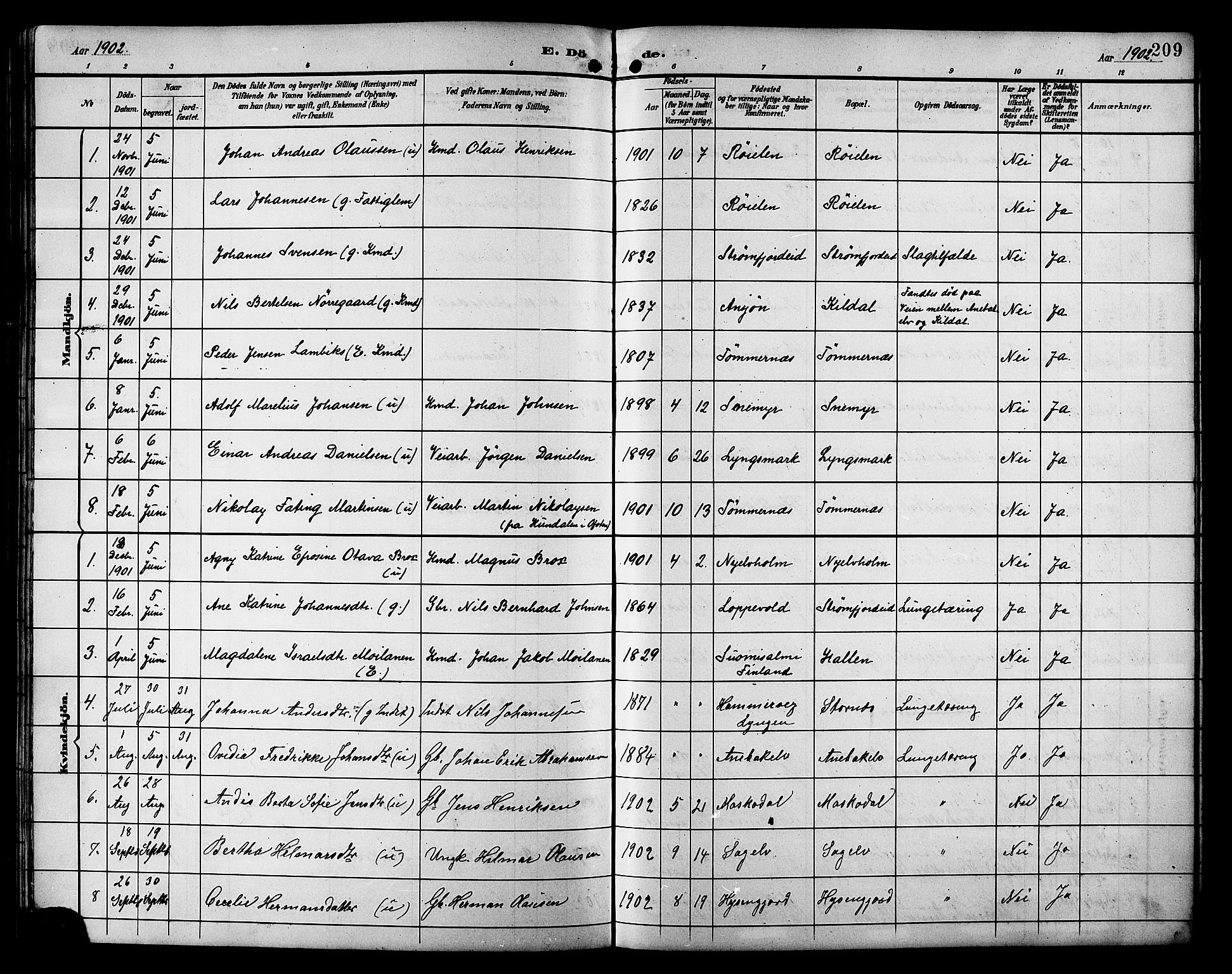 Skjervøy sokneprestkontor, AV/SATØ-S-1300/H/Ha/Hab/L0021klokker: Parish register (copy) no. 21, 1893-1910, p. 209