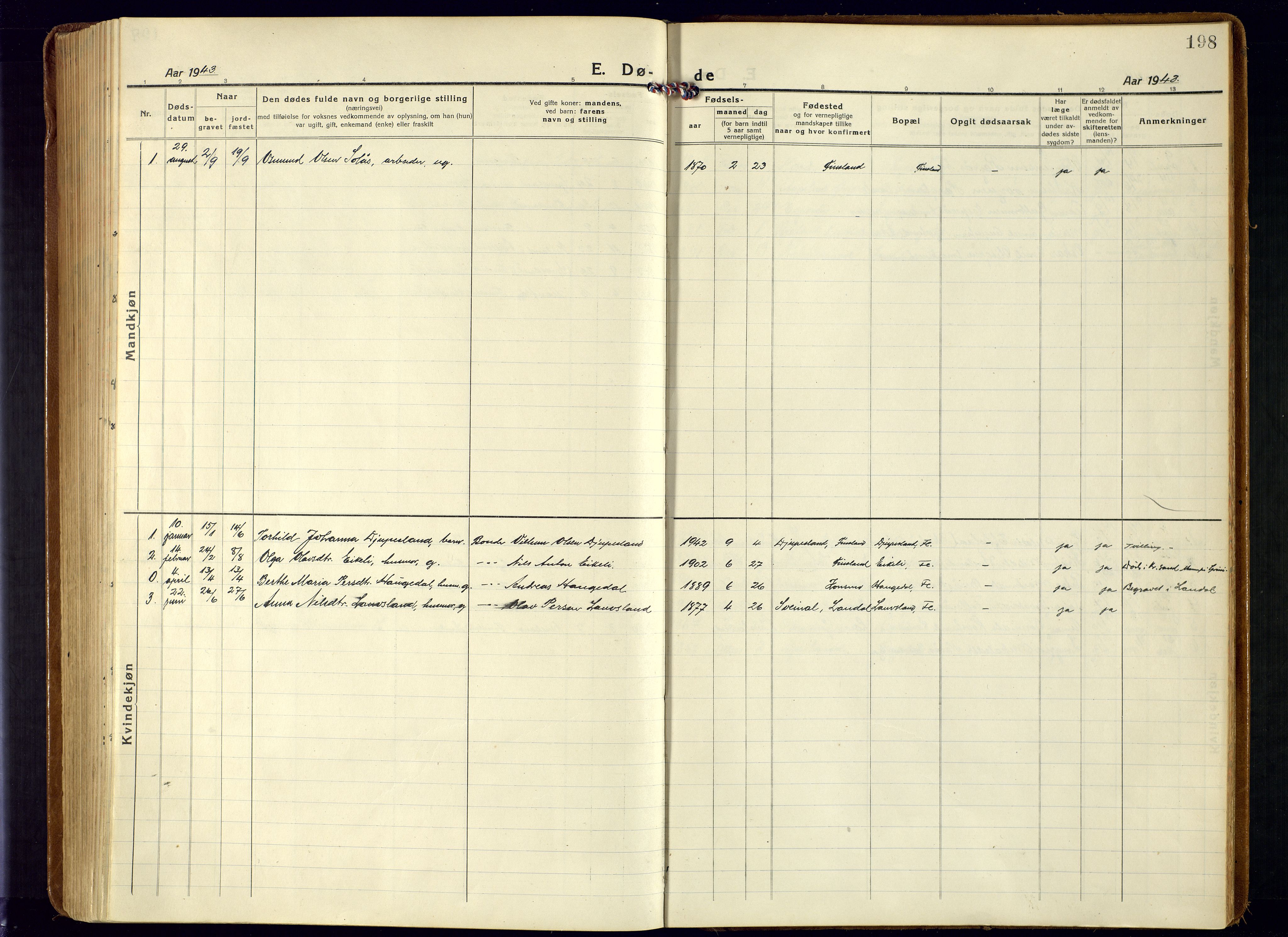 Bjelland sokneprestkontor, SAK/1111-0005/F/Fa/Fab/L0005: Parish register (official) no. A 5, 1921-1951, p. 198