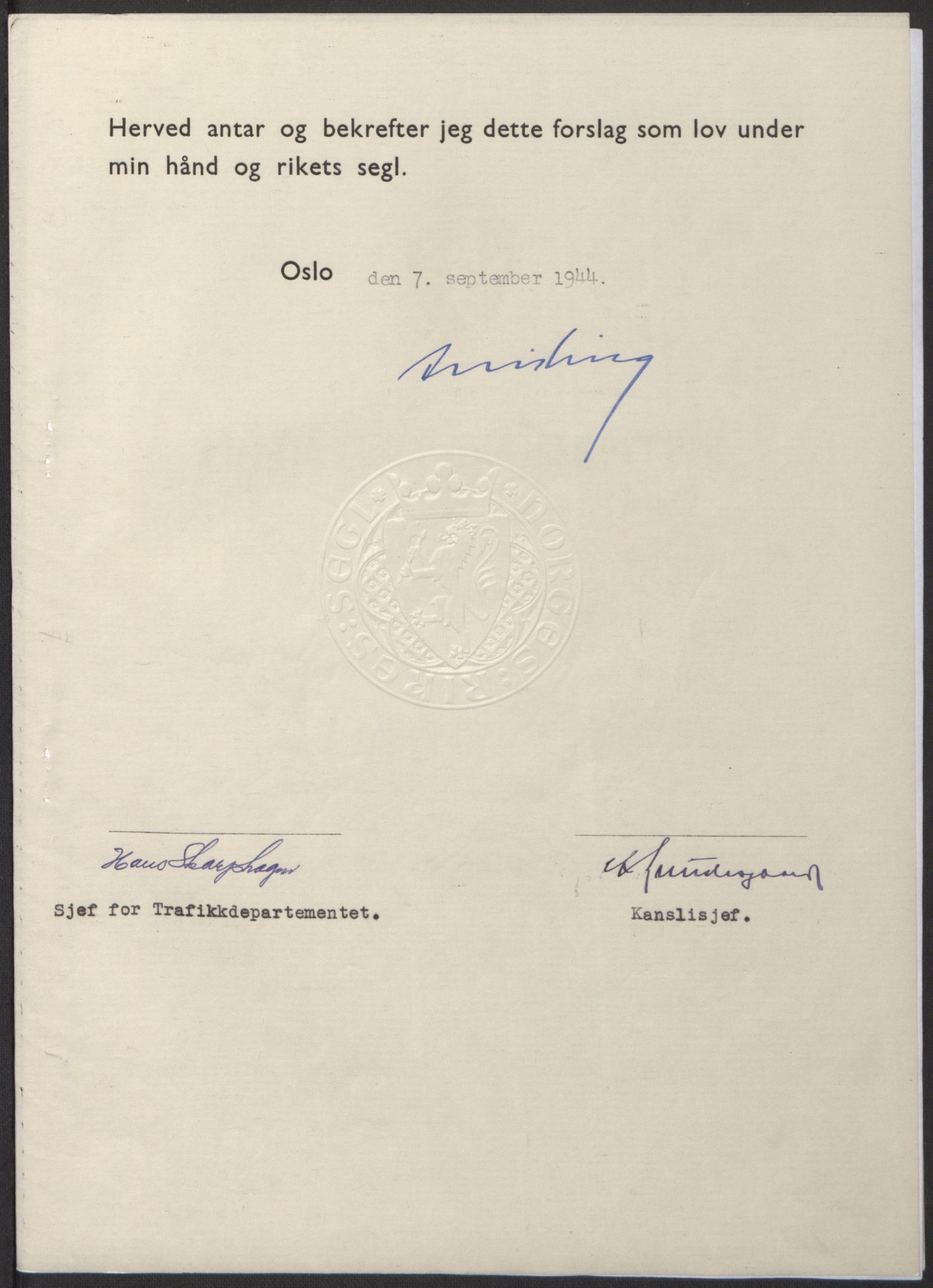 NS-administrasjonen 1940-1945 (Statsrådsekretariatet, de kommisariske statsråder mm), AV/RA-S-4279/D/Db/L0100: Lover, 1944, p. 414