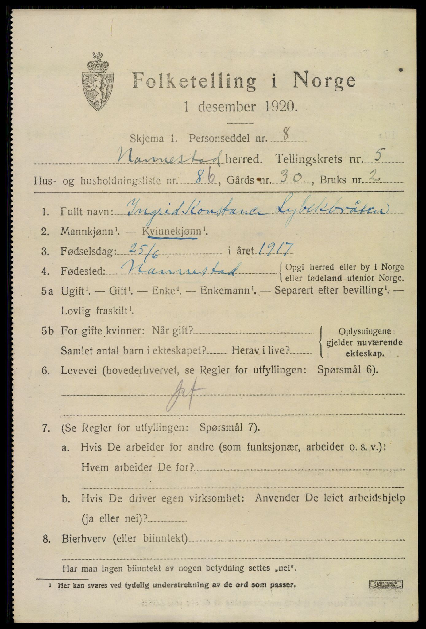 SAO, 1920 census for Nannestad, 1920, p. 7568