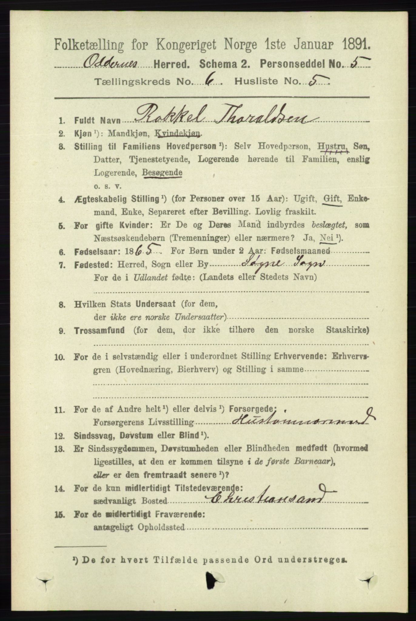 RA, 1891 census for 1012 Oddernes, 1891, p. 2216