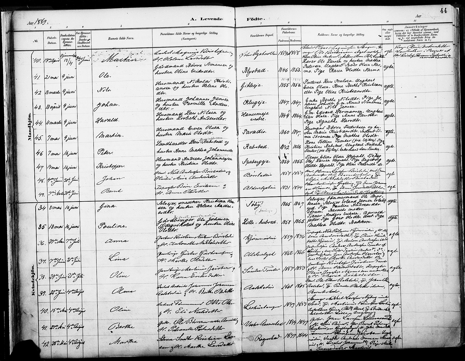 Vang prestekontor, Hedmark, SAH/PREST-008/H/Ha/Haa/L0019A: Parish register (official) no. 19, 1886-1900, p. 44