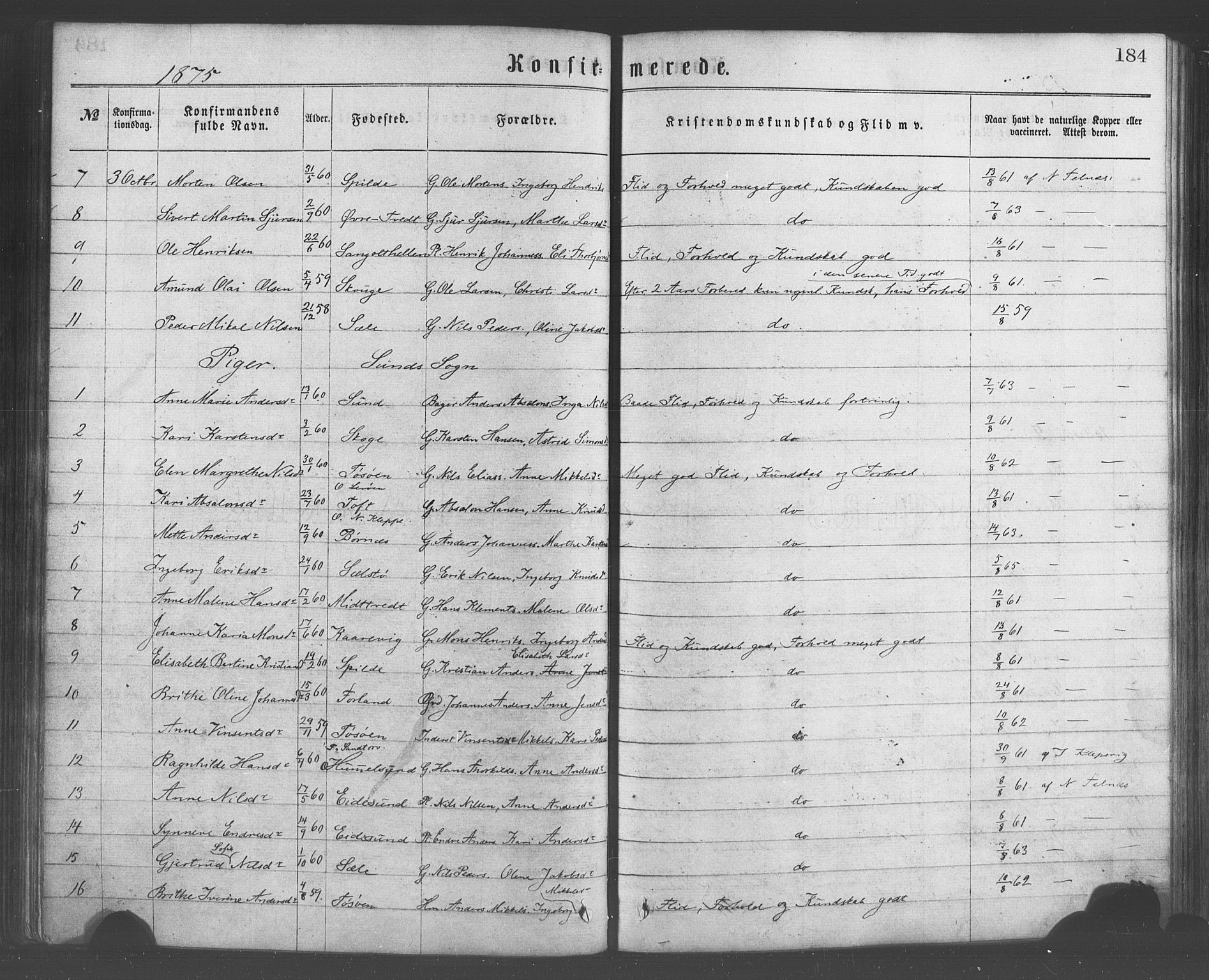 Sund sokneprestembete, AV/SAB-A-99930: Parish register (official) no. A 15, 1867-1881, p. 184