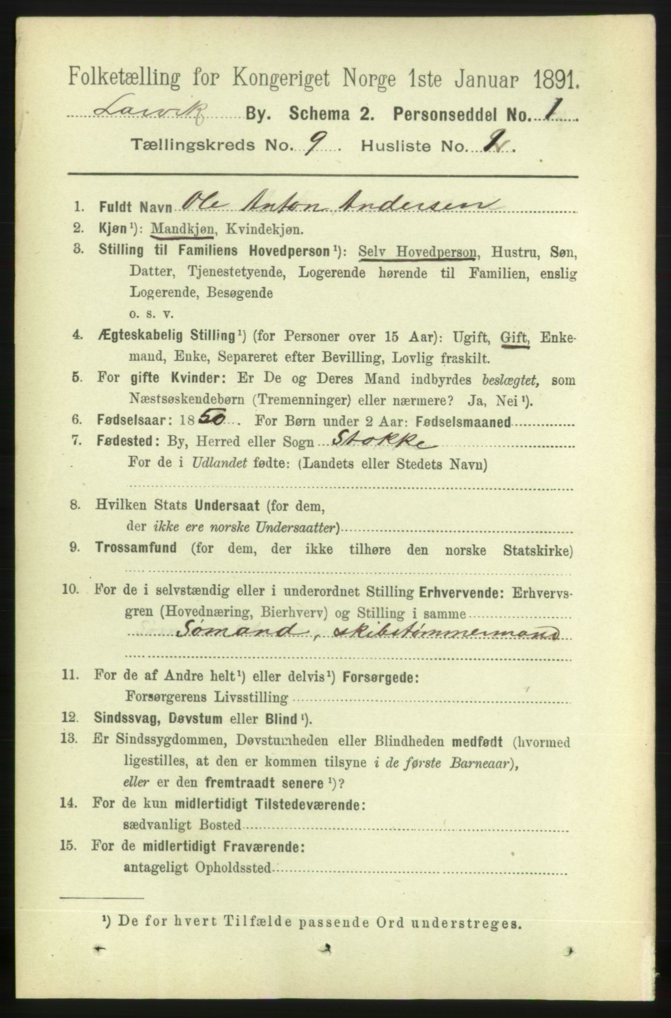 RA, 1891 census for 0707 Larvik, 1891, p. 8497