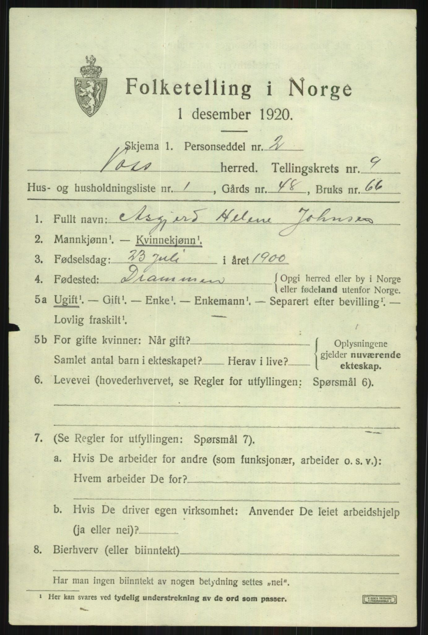 SAB, 1920 census for Voss, 1920, p. 8605