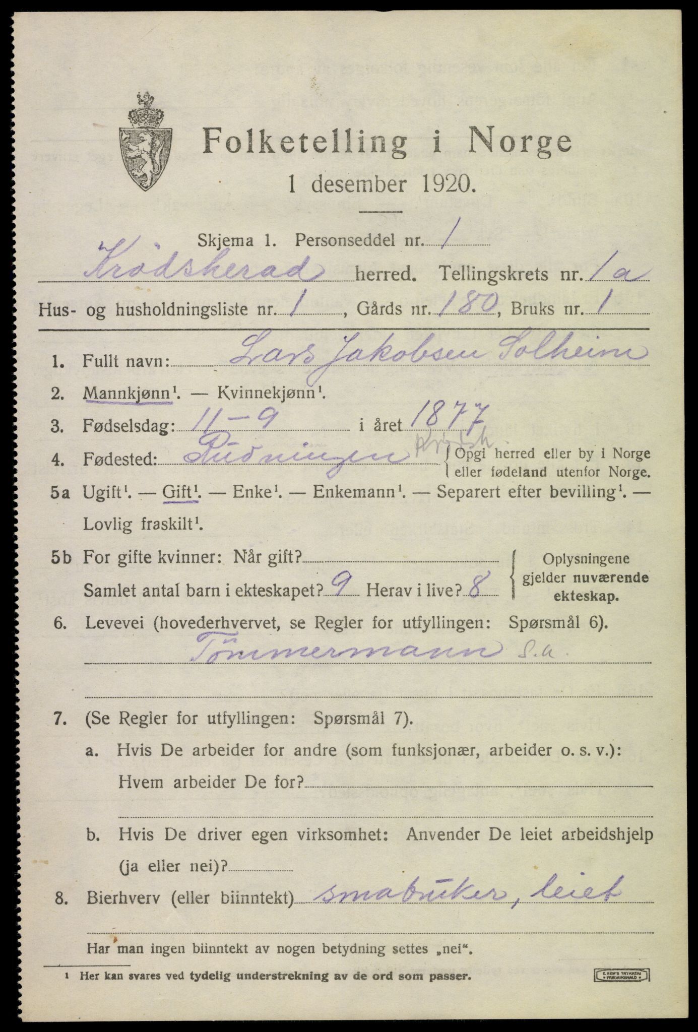 SAKO, 1920 census for Krødsherad, 1920, p. 833