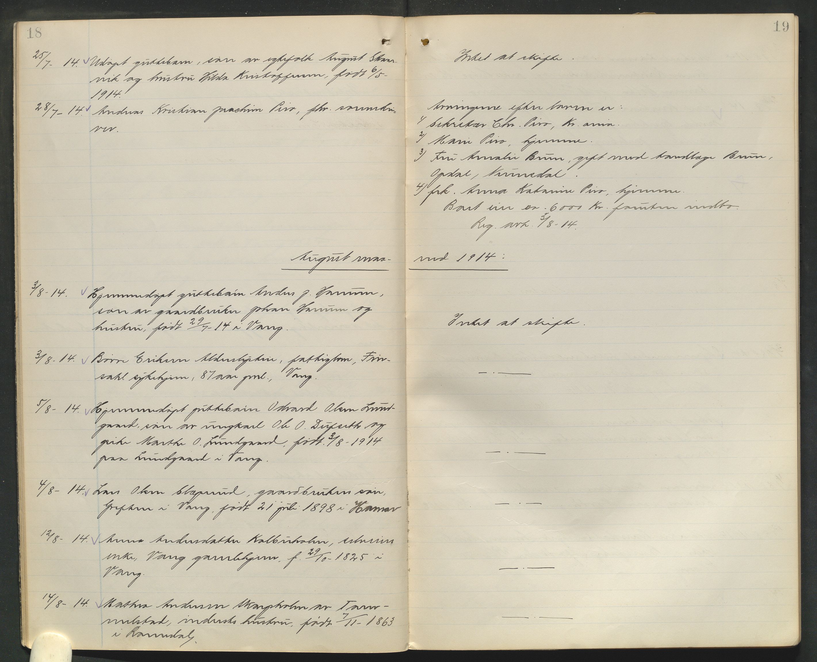 Nord-Hedmark sorenskriveri, AV/SAH-TING-012/J/Ji/L0010: Dødsfallsprotokoll - Vang, 1913-1916, p. 18-19