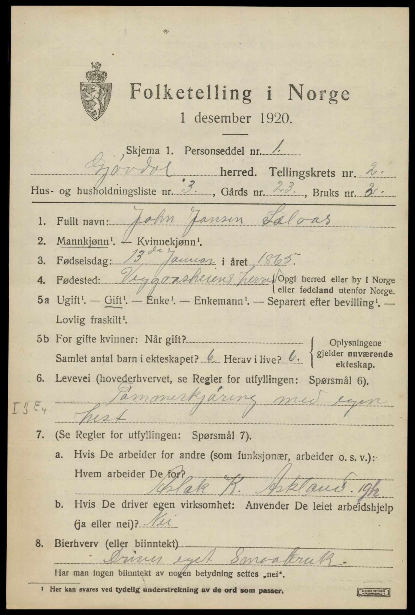 SAK, 1920 census for Gjøvdal, 1920, p. 852