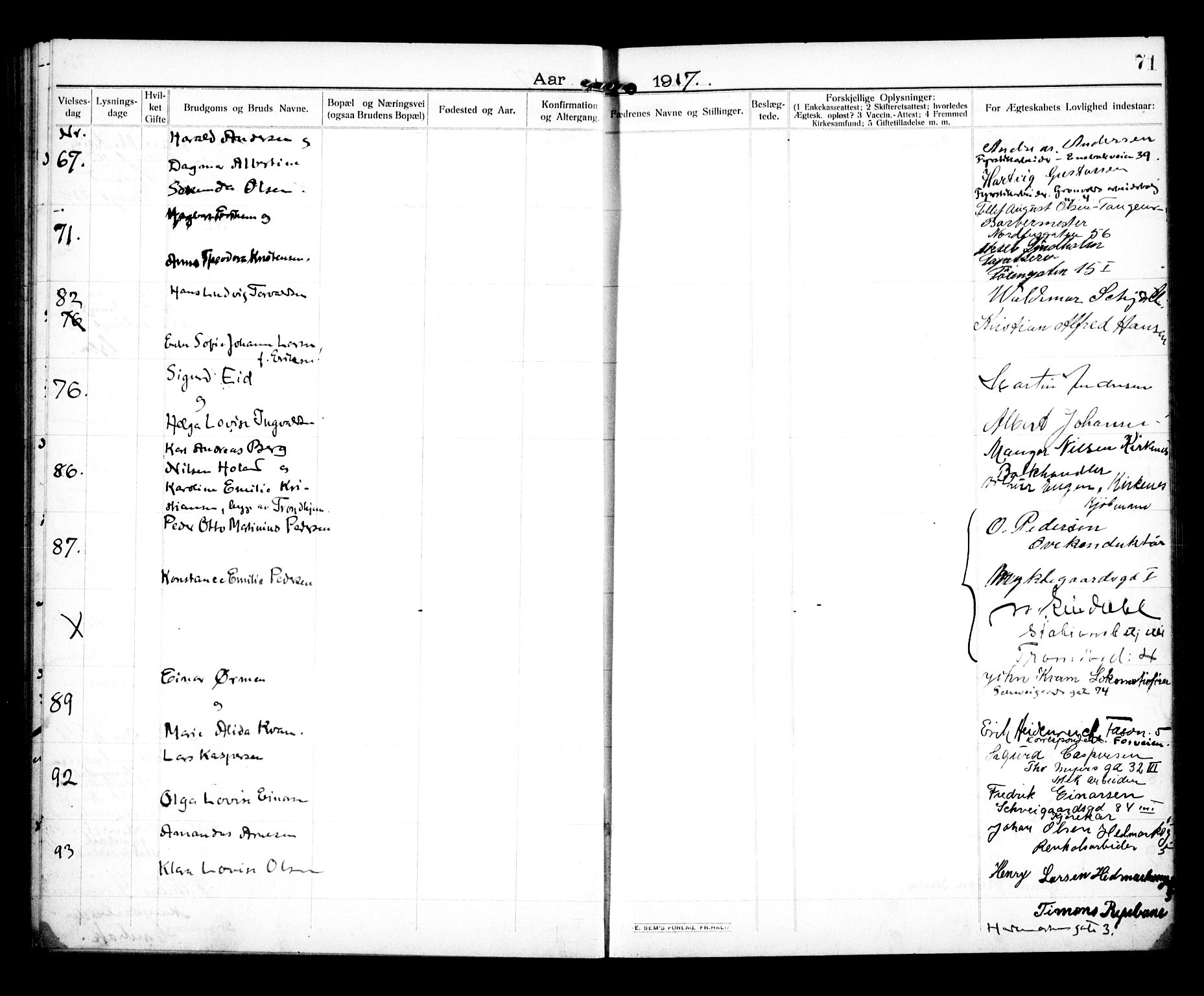 Vålerengen prestekontor Kirkebøker, SAO/A-10878/H/Ha/L0002: Banns register no. 2, 1910-1918, p. 71