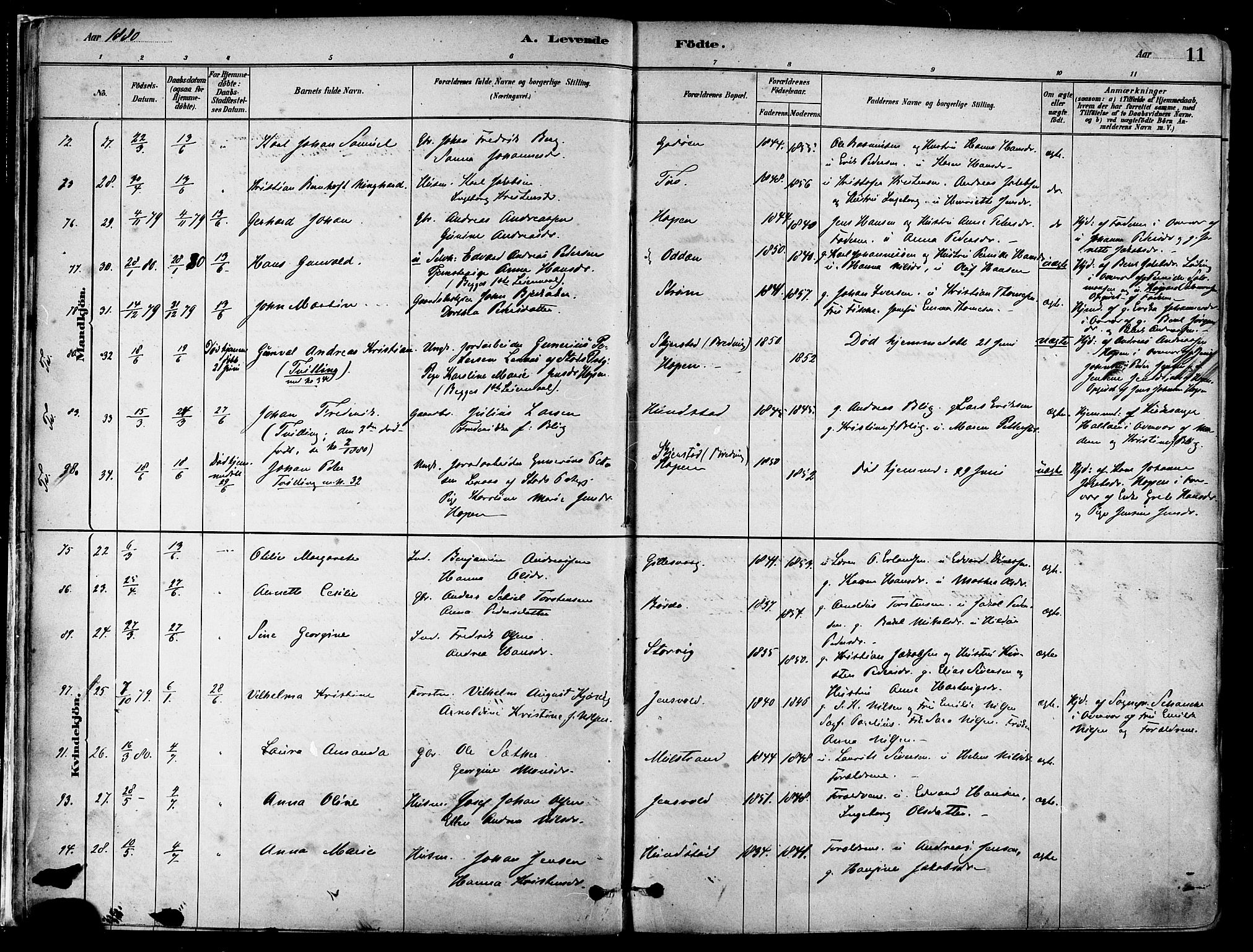 Ministerialprotokoller, klokkerbøker og fødselsregistre - Nordland, AV/SAT-A-1459/802/L0054: Parish register (official) no. 802A01, 1879-1893, p. 11