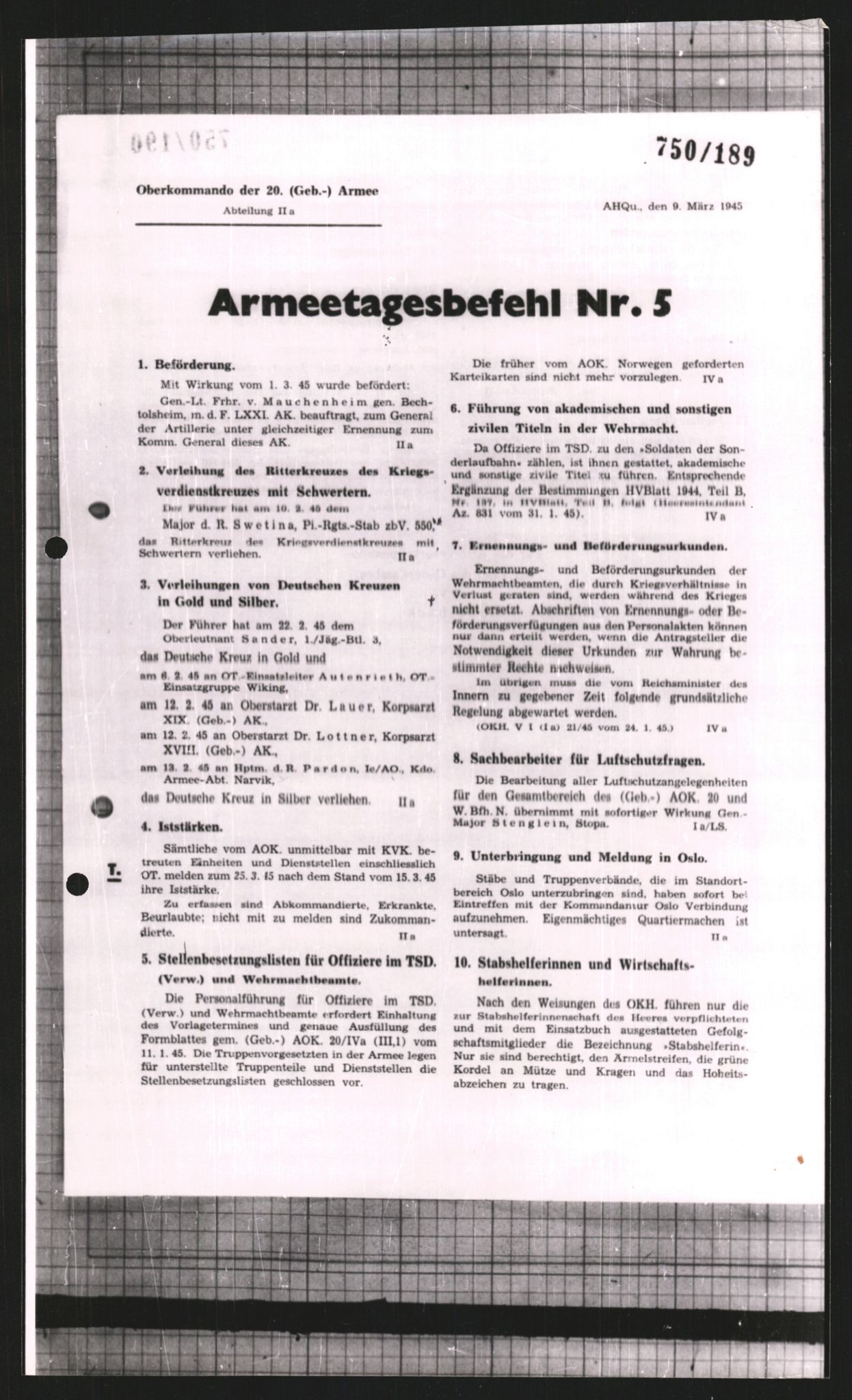 Forsvarets Overkommando. 2 kontor. Arkiv 11.4. Spredte tyske arkivsaker, AV/RA-RAFA-7031/D/Dar/Dara/L0008: Krigsdagbøker for 20. Gebirgs-Armee-Oberkommando (AOK 20), 1945, p. 509