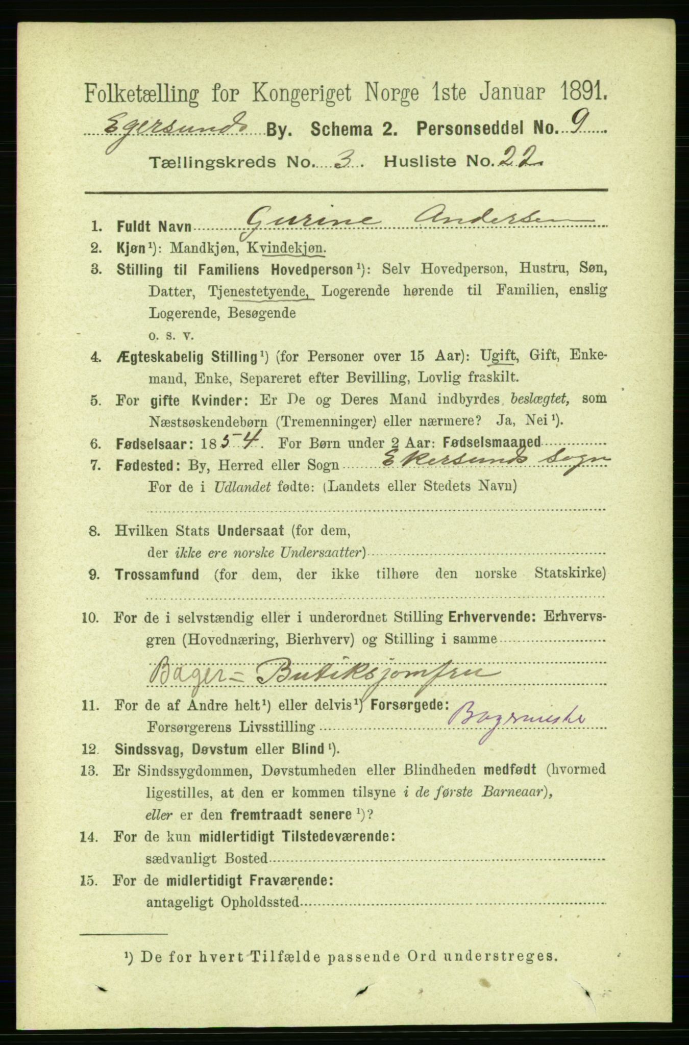 RA, 1891 census for 1101 Egersund, 1891, p. 593