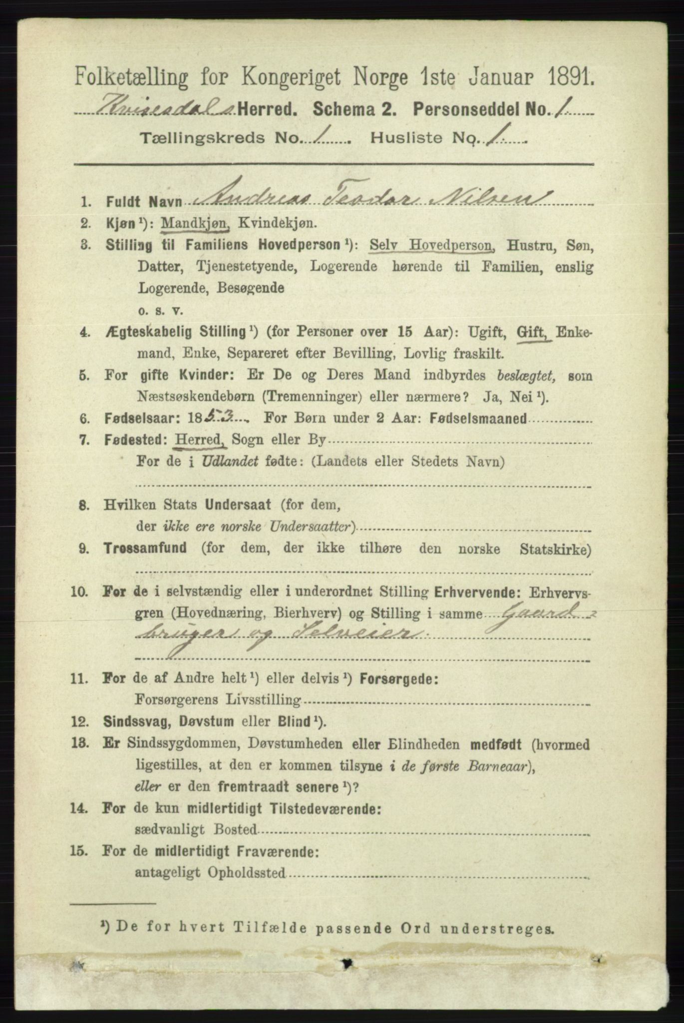 RA, 1891 census for 1037 Kvinesdal, 1891, p. 74