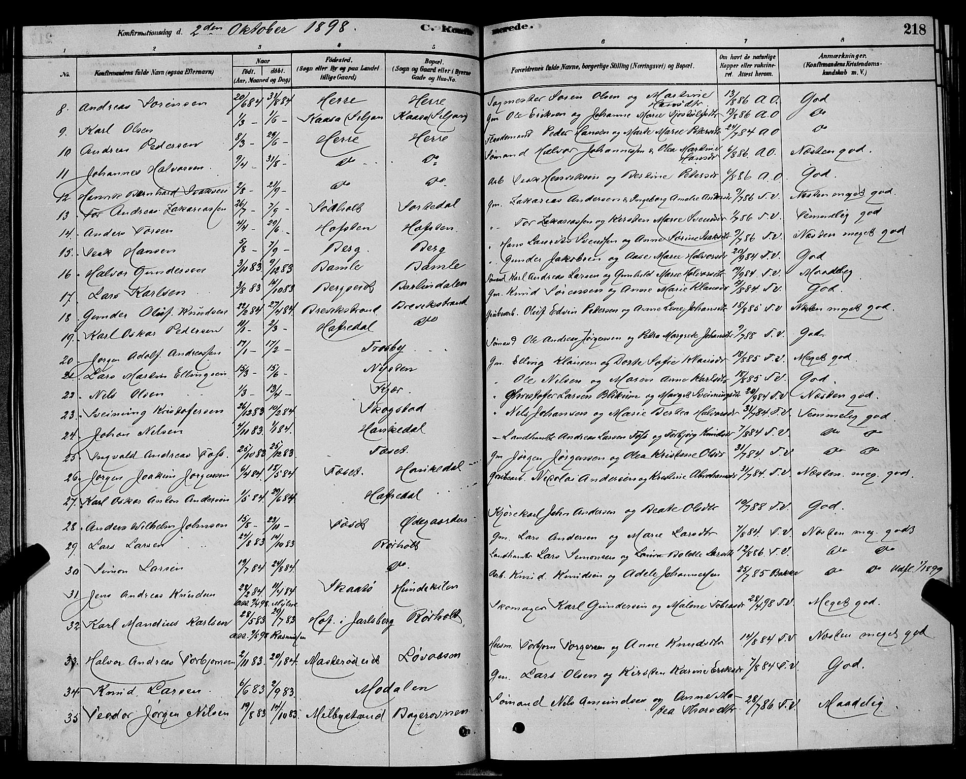 Bamble kirkebøker, AV/SAKO-A-253/G/Ga/L0008: Parish register (copy) no. I 8, 1878-1888, p. 218