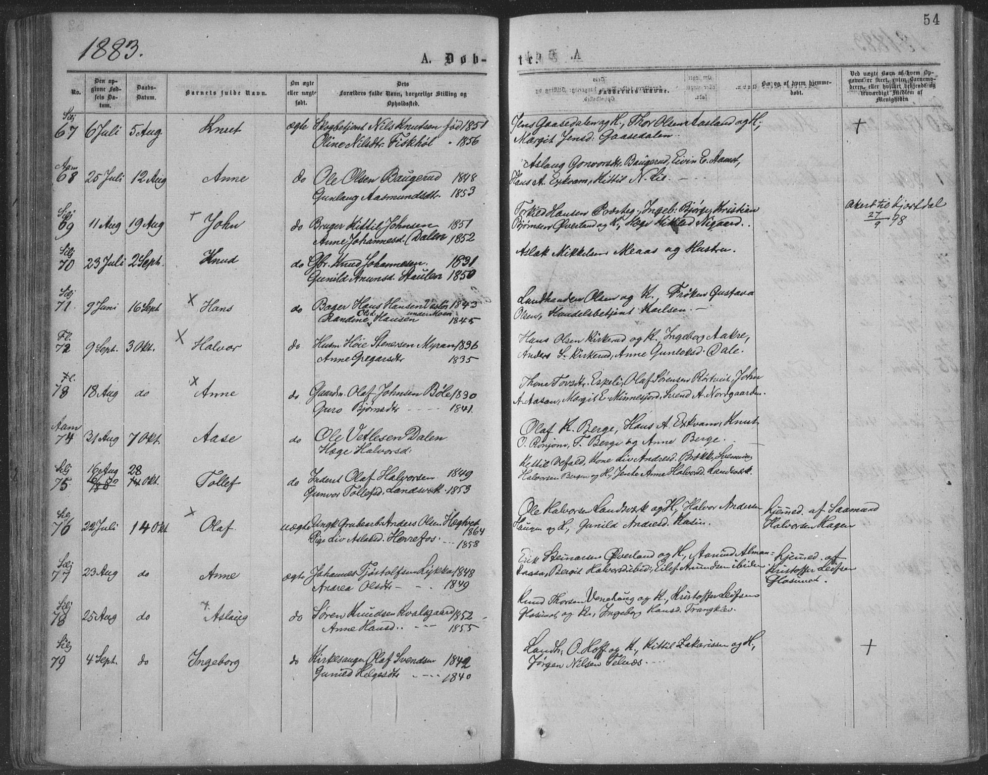 Seljord kirkebøker, SAKO/A-20/F/Fa/L0014: Parish register (official) no. I 14, 1877-1886, p. 54