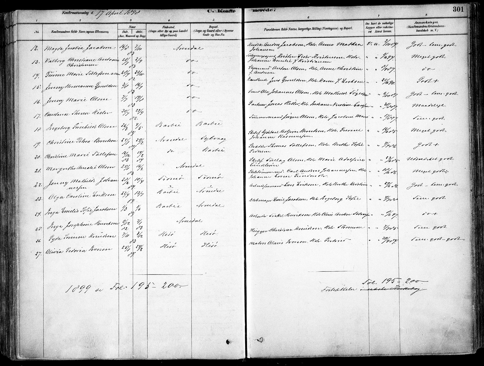 Arendal sokneprestkontor, Trefoldighet, AV/SAK-1111-0040/F/Fa/L0008: Parish register (official) no. A 8, 1878-1899, p. 301