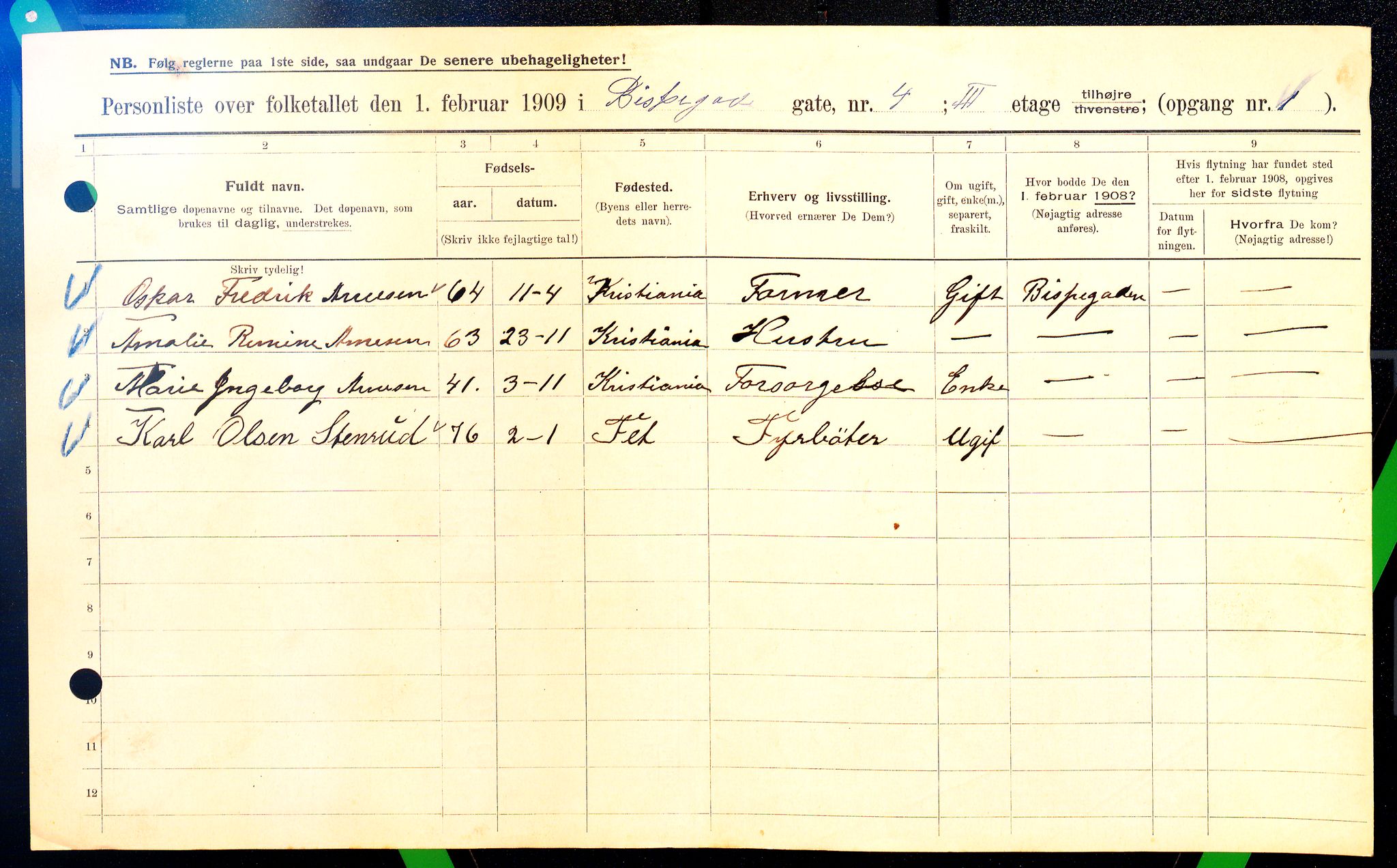 OBA, Municipal Census 1909 for Kristiania, 1909, p. 4820