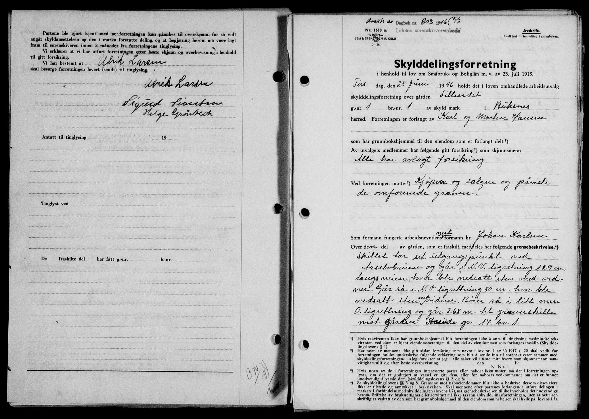 Lofoten sorenskriveri, SAT/A-0017/1/2/2C/L0014a: Mortgage book no. 14a, 1946-1946, Diary no: : 803/1946