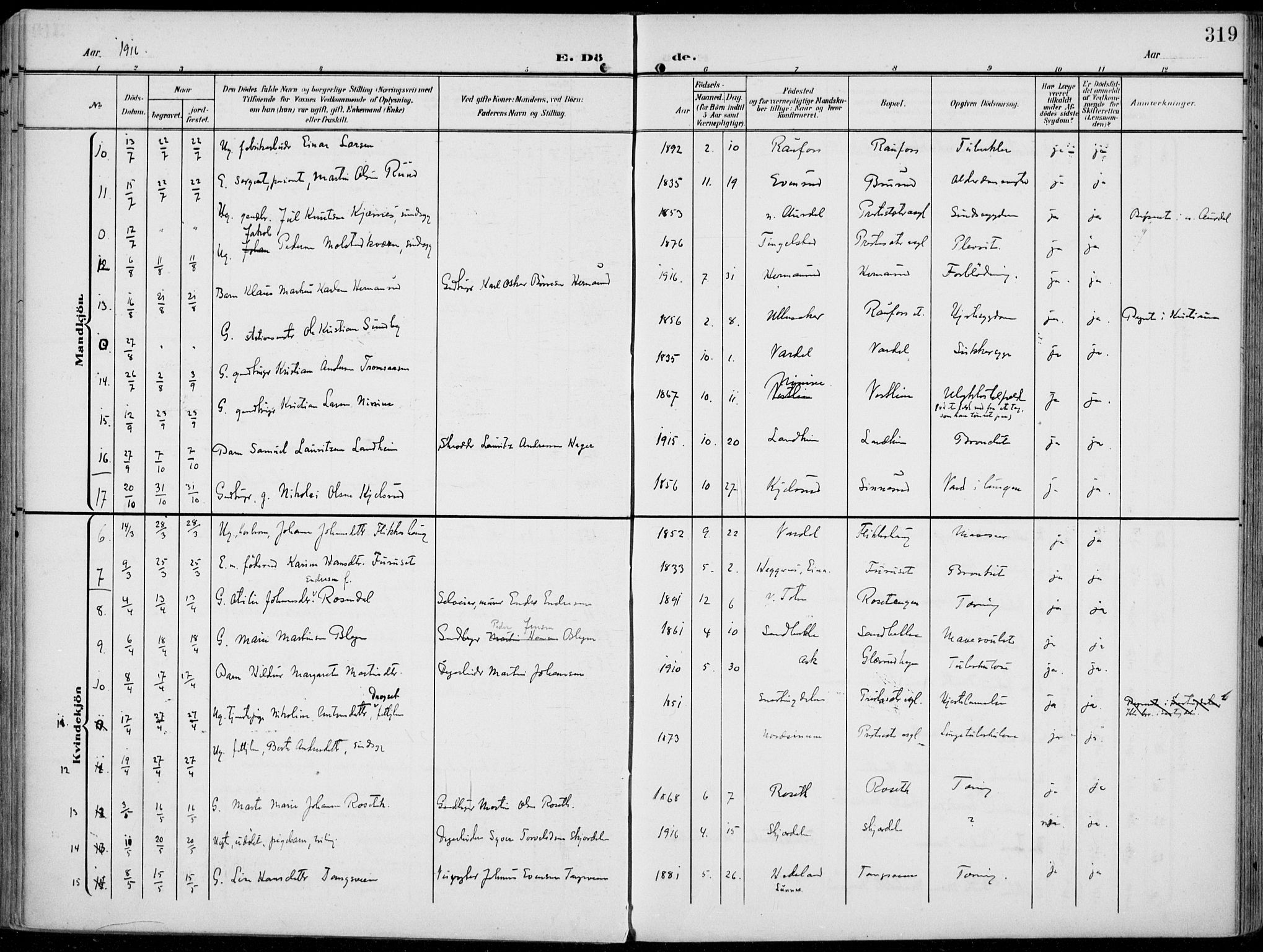 Vestre Toten prestekontor, SAH/PREST-108/H/Ha/Haa/L0014: Parish register (official) no. 14, 1907-1920, p. 319