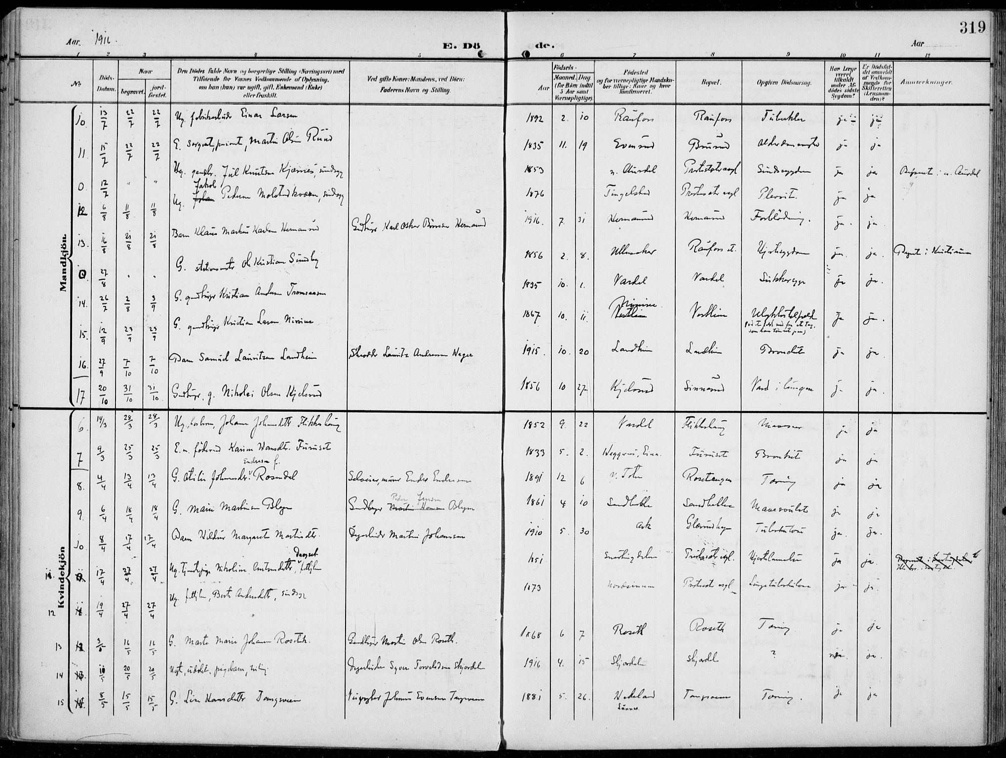 Vestre Toten prestekontor, AV/SAH-PREST-108/H/Ha/Haa/L0014: Parish register (official) no. 14, 1907-1920, p. 319