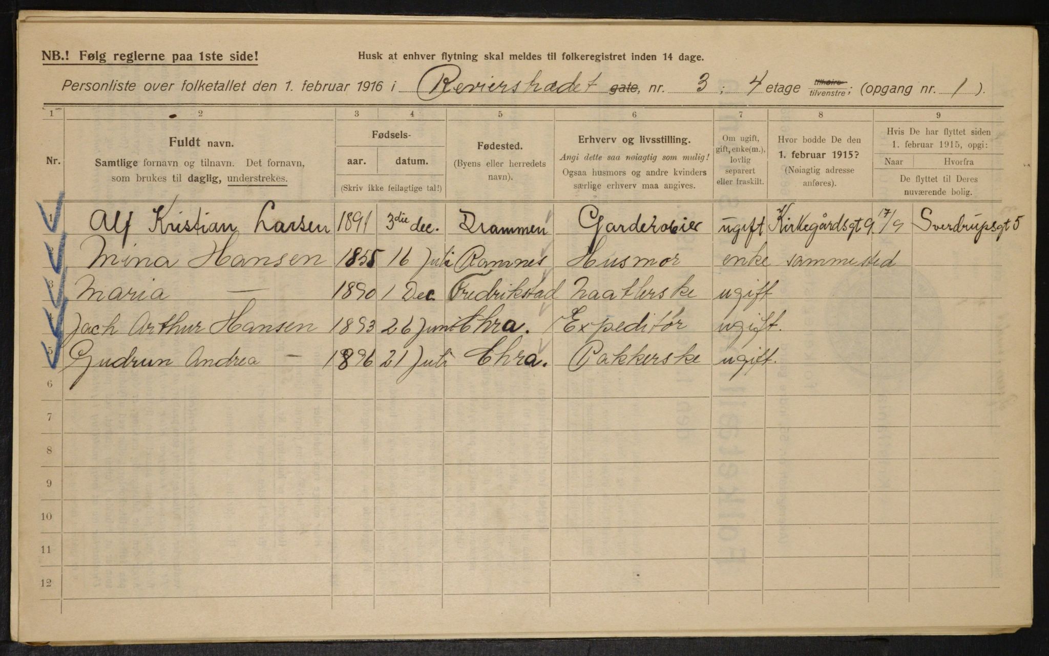 OBA, Municipal Census 1916 for Kristiania, 1916, p. 85016