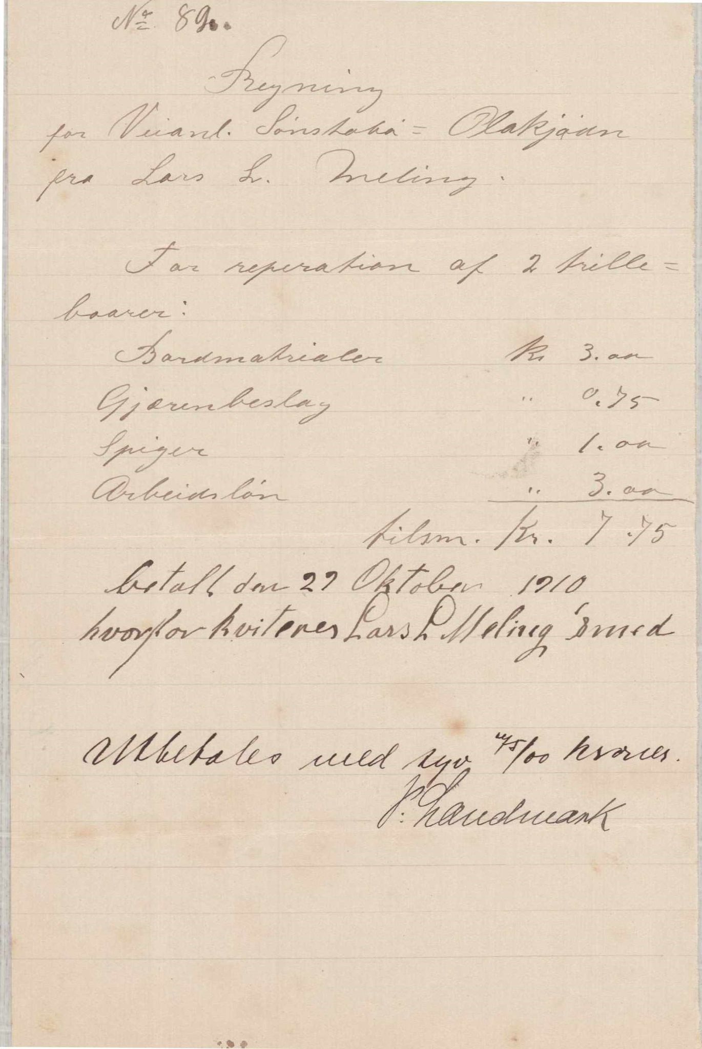 Finnaas kommune. Formannskapet, IKAH/1218a-021/E/Ea/L0001/0006: Rekneskap for veganlegg / Rekneskap for veganlegget Sønstabø - Olakjødn, 1909-1914, p. 51