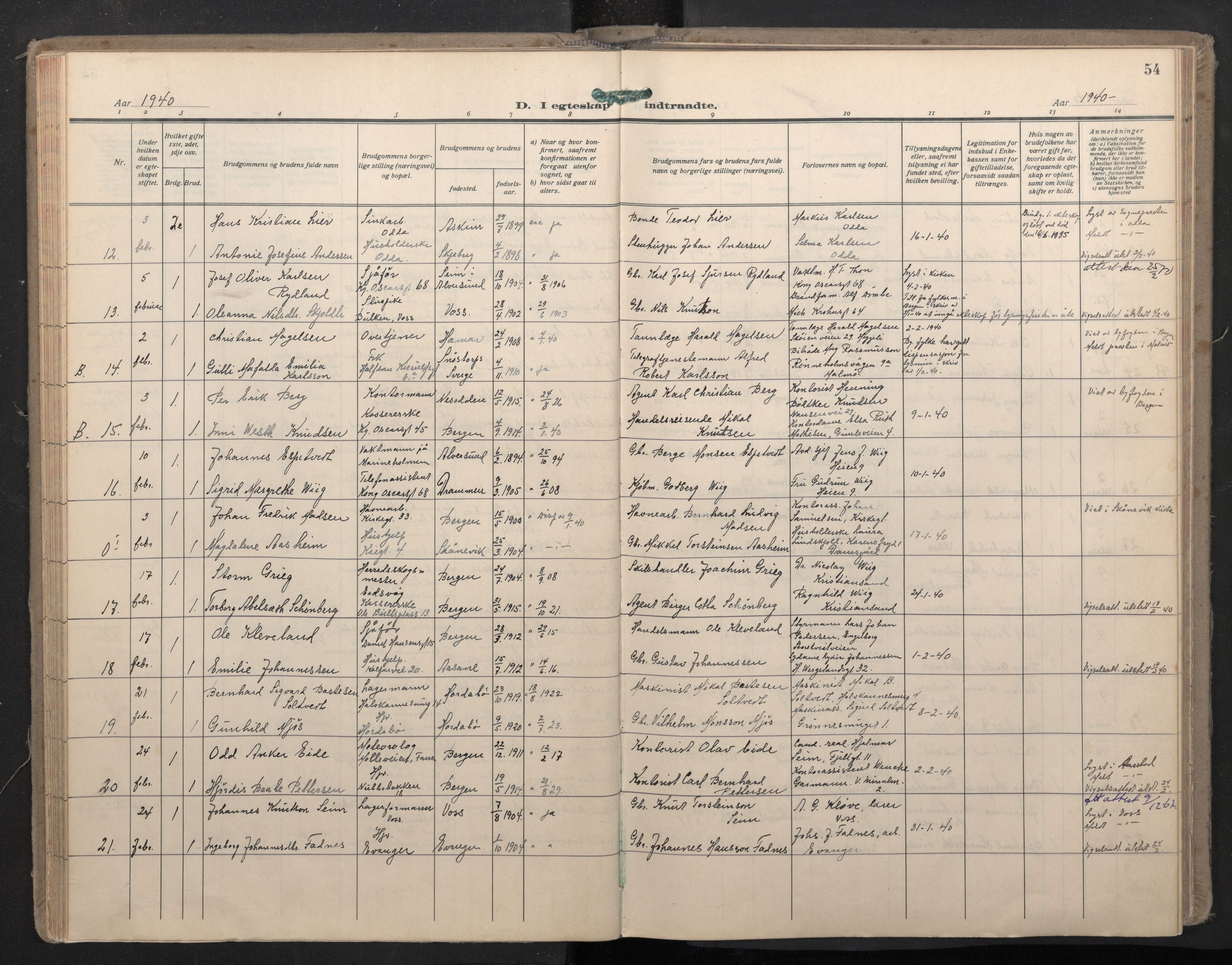 Domkirken sokneprestembete, SAB/A-74801/H/Haa: Parish register (official) no. D 7, 1937-1950, p. 53b-54a