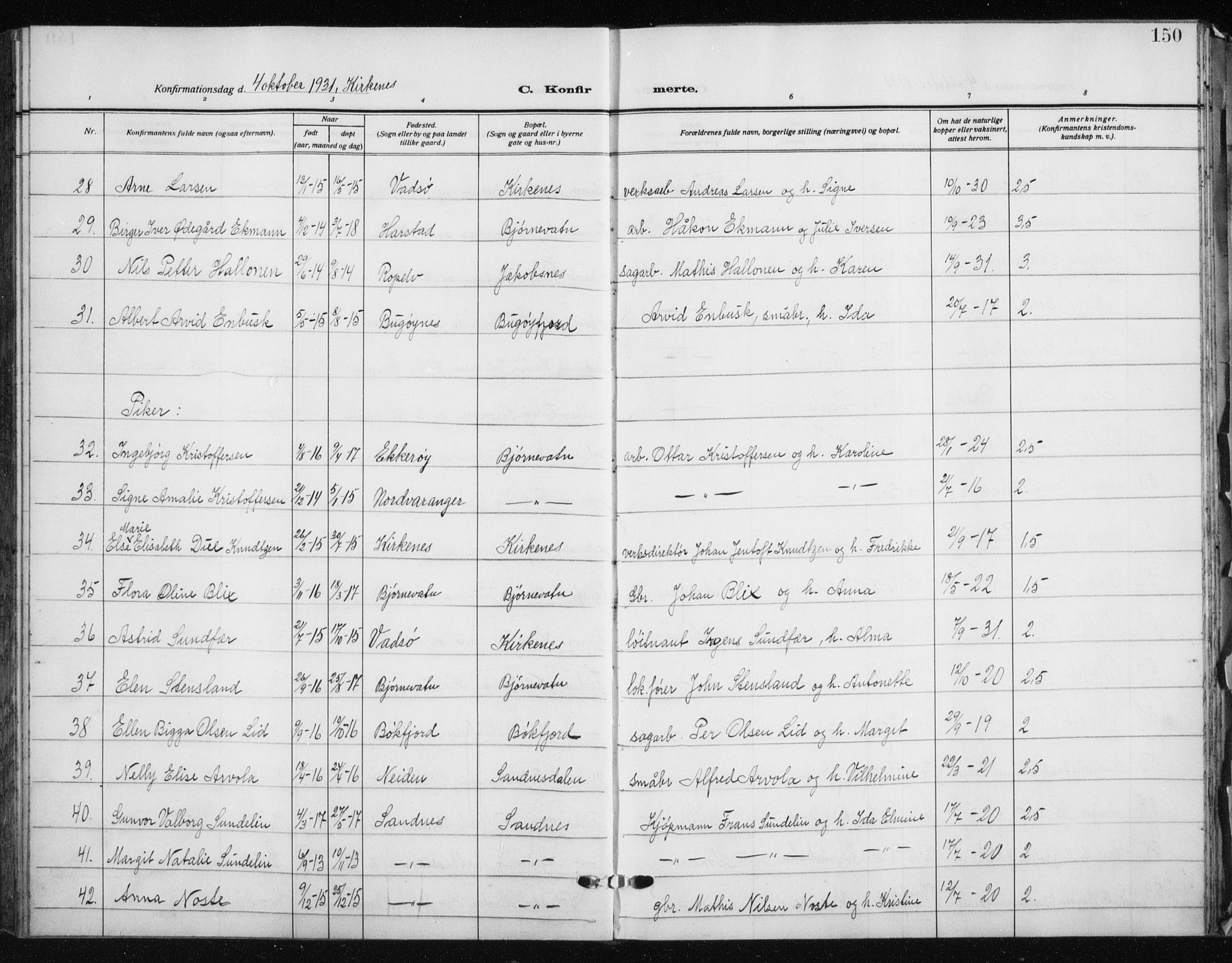 Sør-Varanger sokneprestkontor, AV/SATØ-S-1331/H/Hb/L0006klokker: Parish register (copy) no. 6, 1929-1938, p. 150