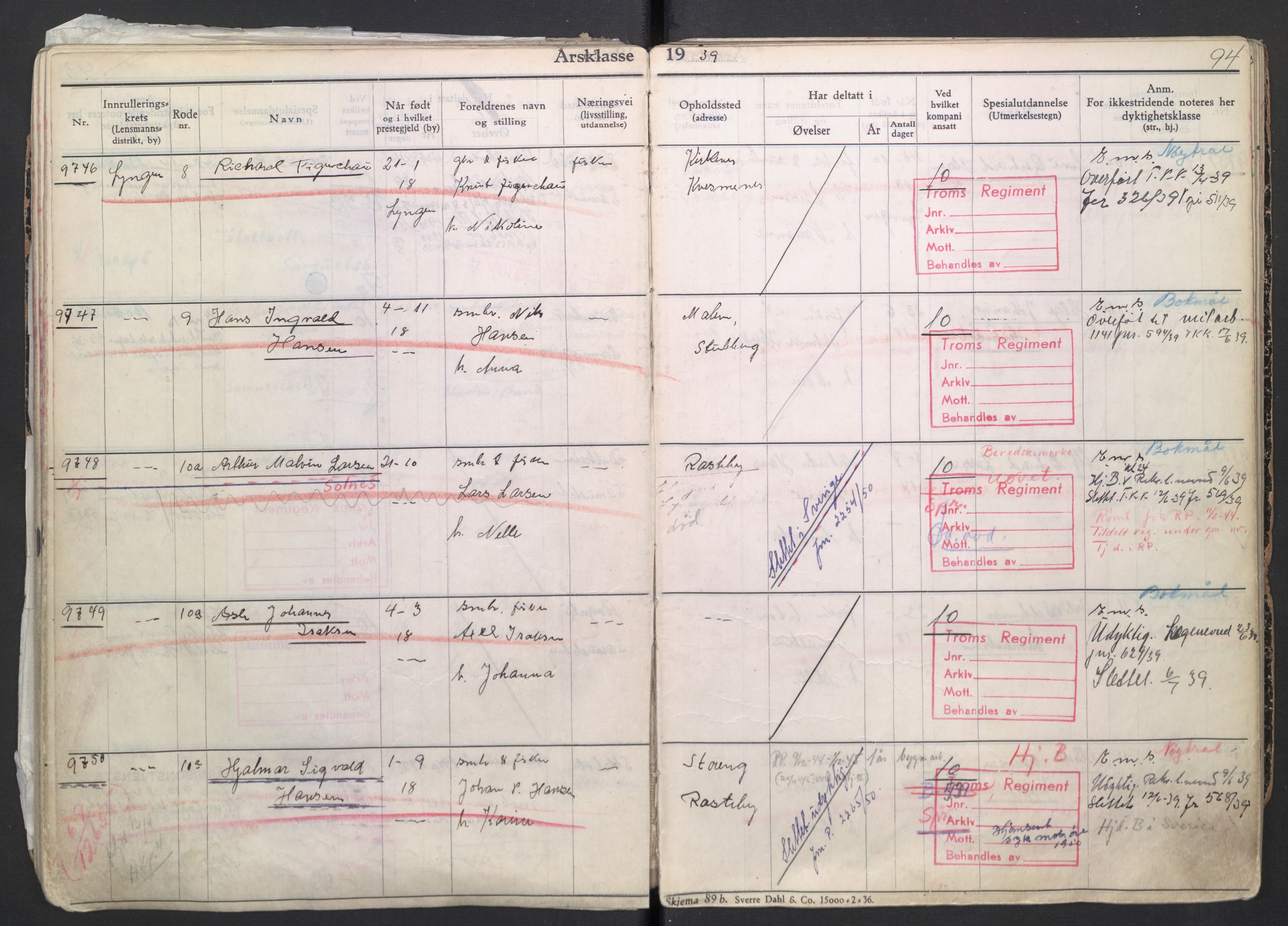 Forsvaret, Troms infanteriregiment nr. 16, AV/RA-RAFA-3146/P/Pa/L0007/0004: Ruller / Rulle for regimentets menige mannskaper, årsklasse 1939, 1939, p. 94