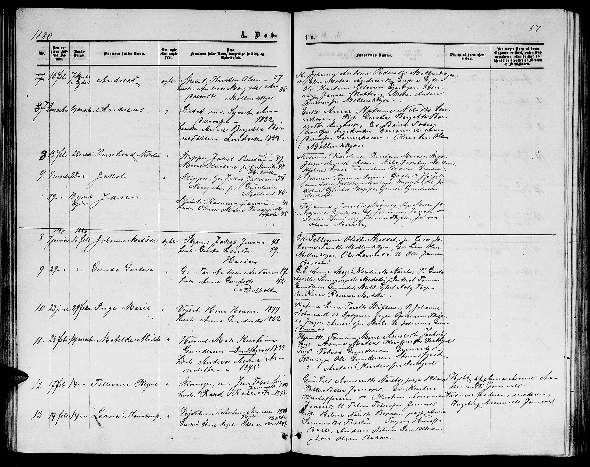 Hommedal sokneprestkontor, SAK/1111-0023/F/Fb/Fbb/L0006: Parish register (copy) no. B 6, 1869-1884, p. 57