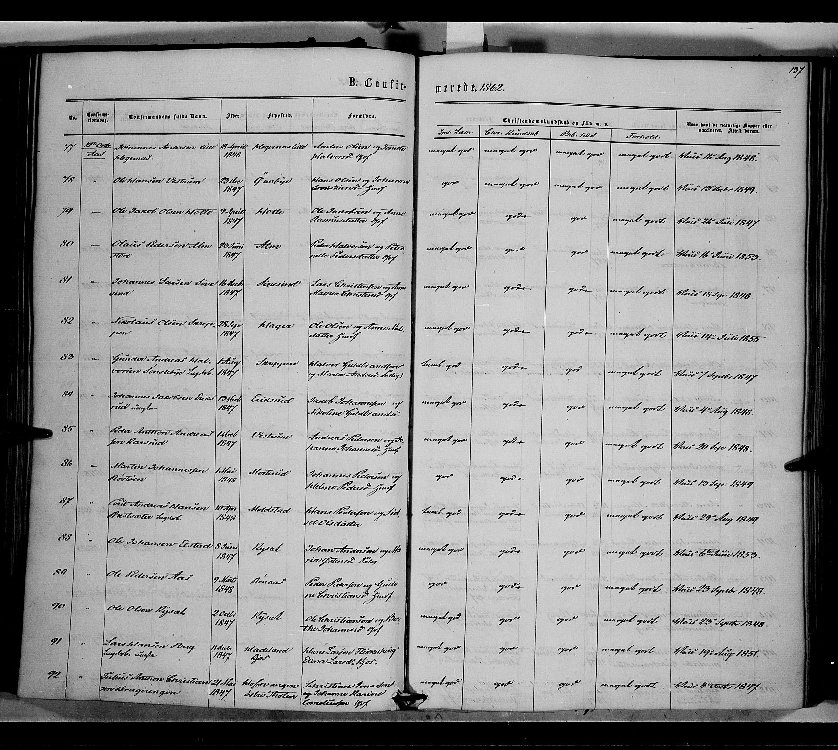 Vestre Toten prestekontor, AV/SAH-PREST-108/H/Ha/Haa/L0007: Parish register (official) no. 7, 1862-1869, p. 137