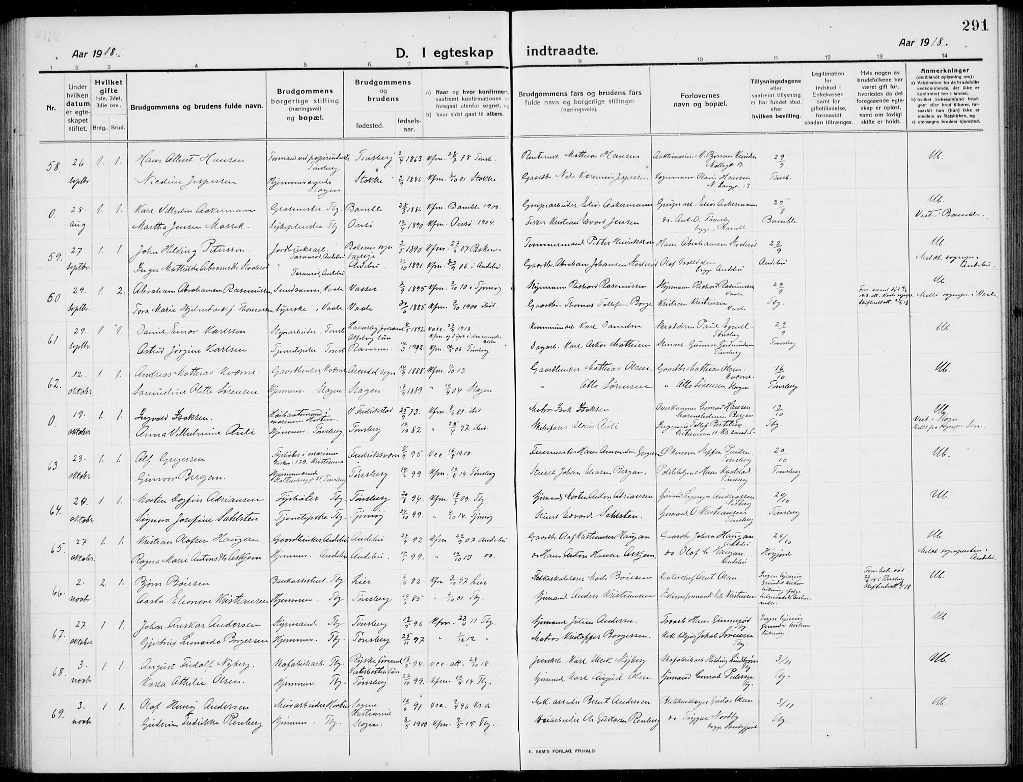 Tønsberg kirkebøker, AV/SAKO-A-330/G/Ga/L0009: Parish register (copy) no. 9, 1913-1920, p. 291