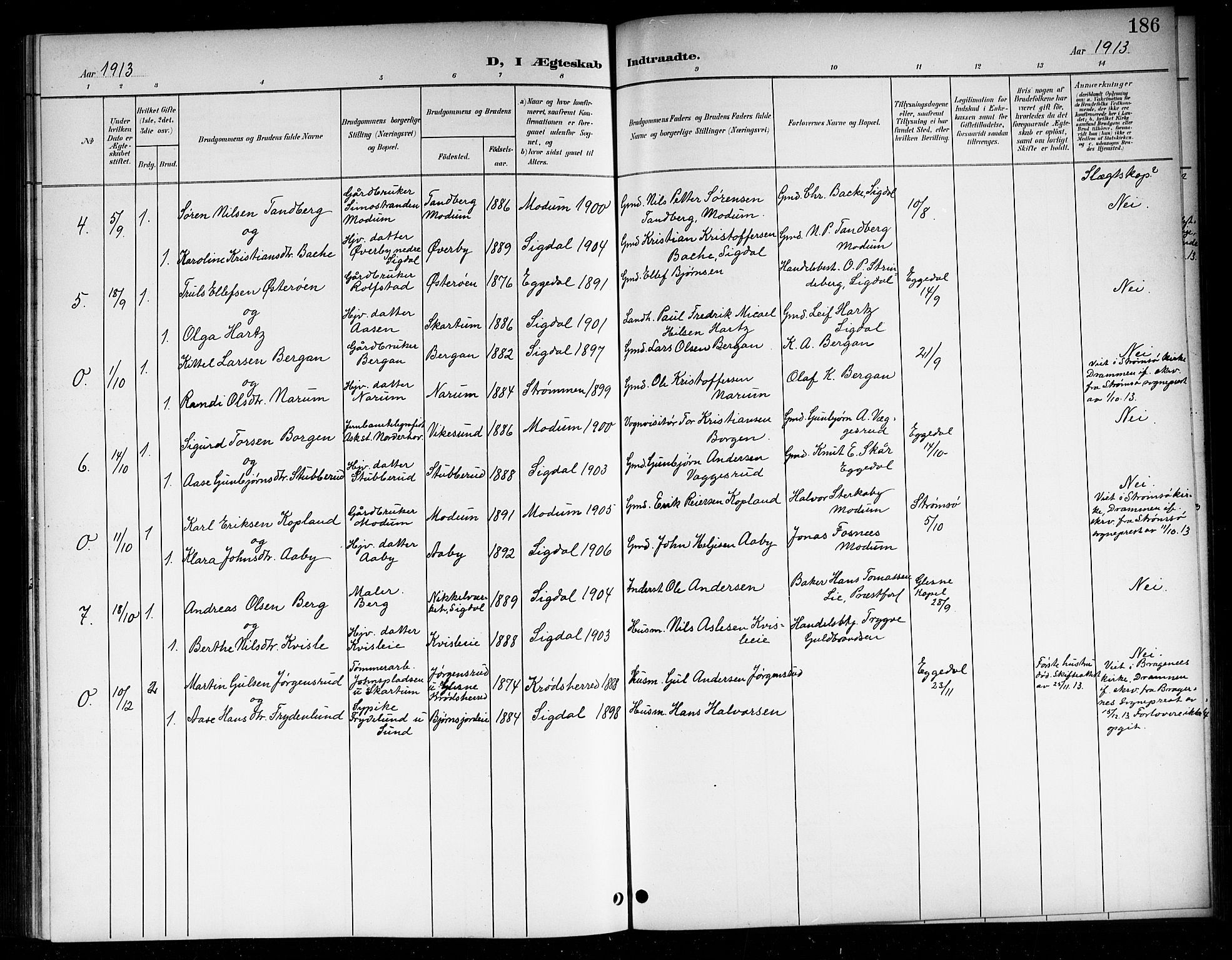 Sigdal kirkebøker, SAKO/A-245/G/Ga/L0006: Parish register (copy) no. I 6, 1901-1916, p. 186