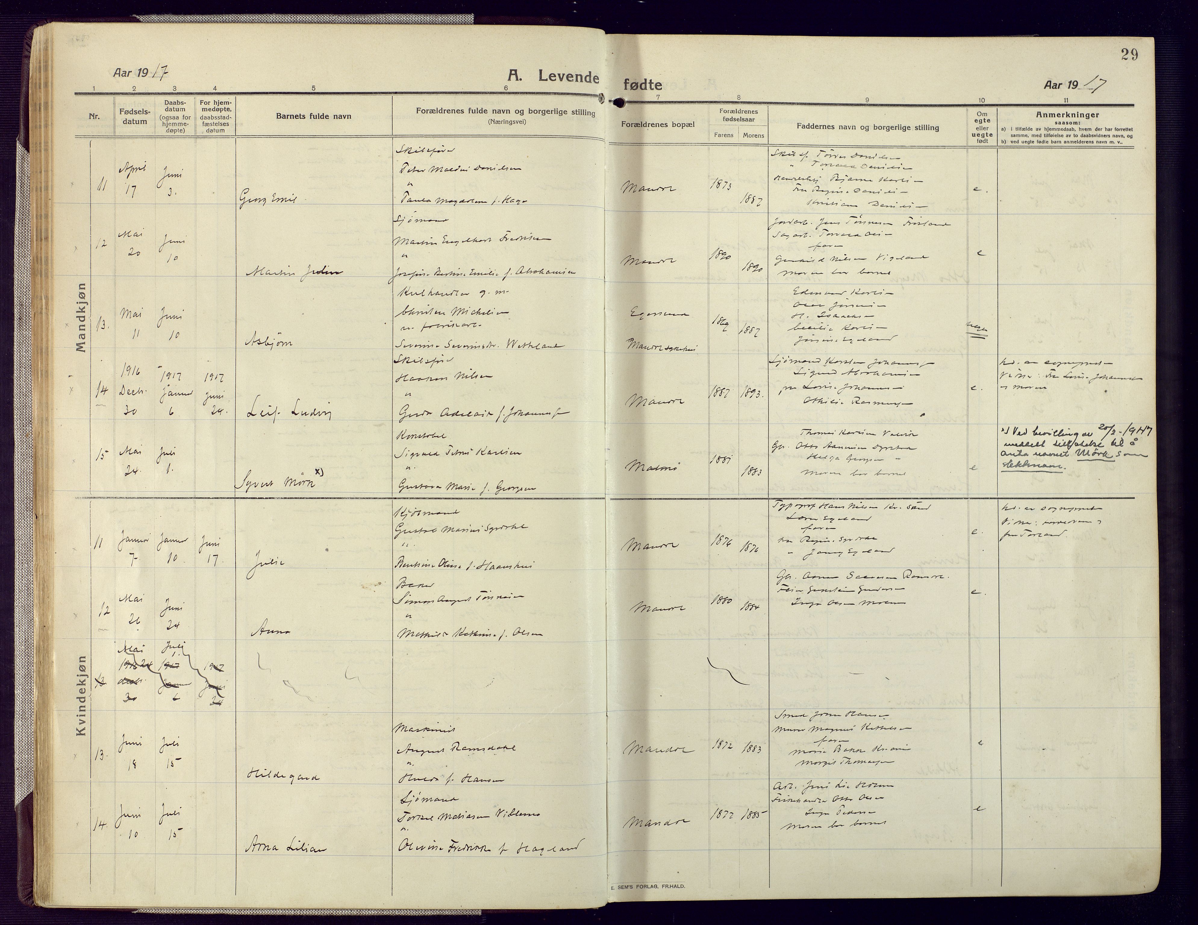 Mandal sokneprestkontor, AV/SAK-1111-0030/F/Fa/Fac/L0001: Parish register (official) no. A 1, 1913-1925, p. 29