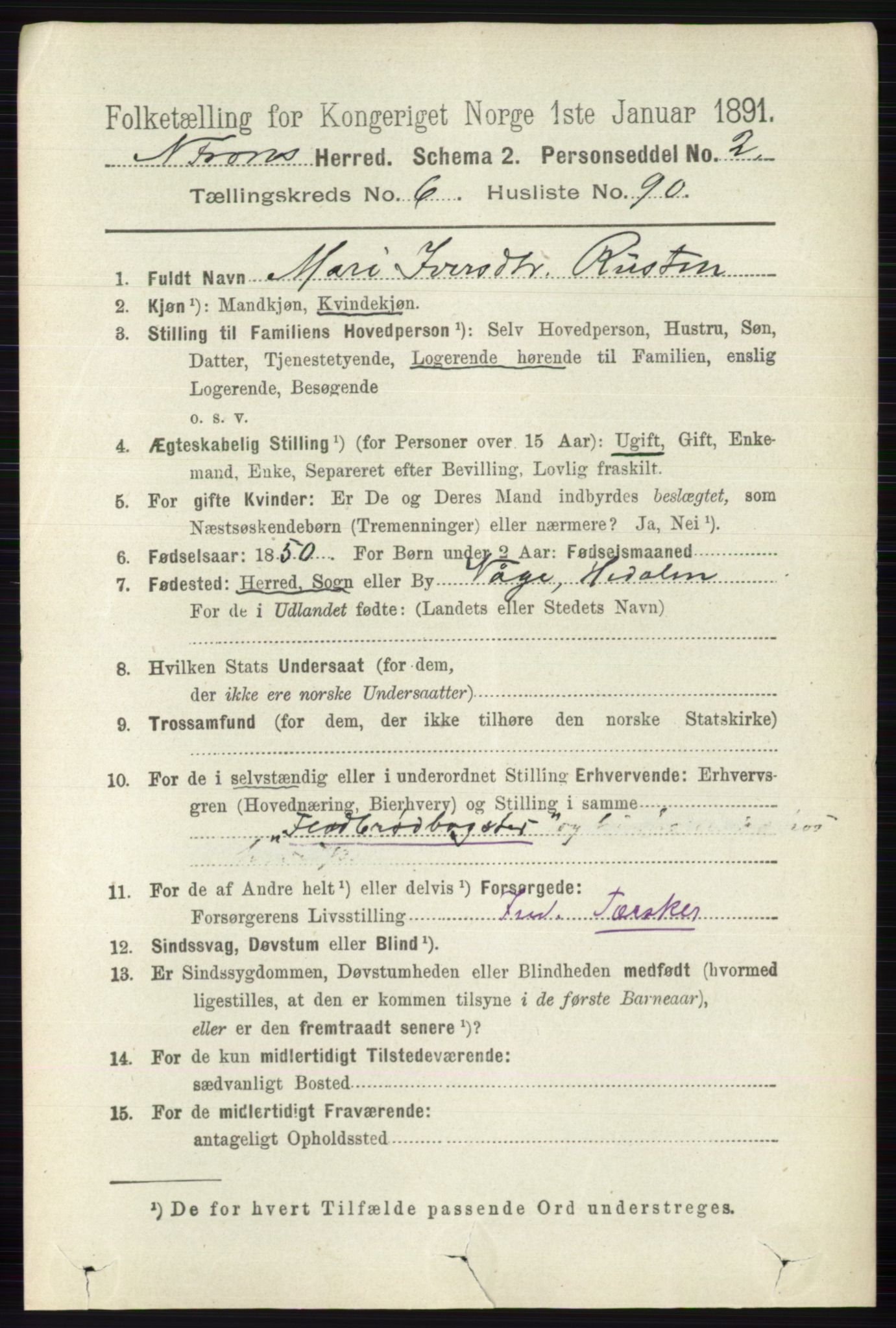 RA, 1891 census for 0518 Nord-Fron, 1891, p. 2730