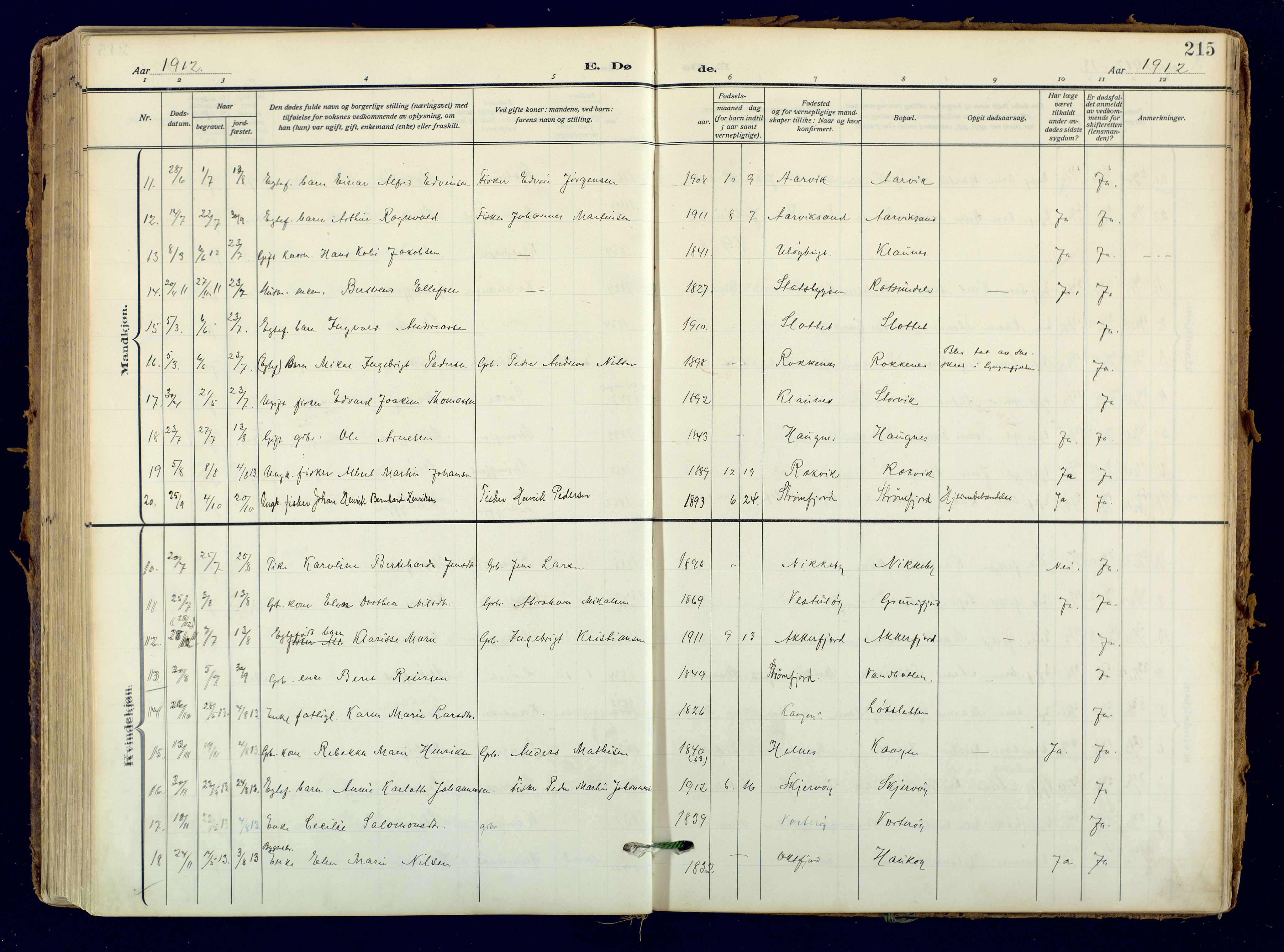 Skjervøy sokneprestkontor, AV/SATØ-S-1300/H/Ha/Haa: Parish register (official) no. 18, 1910-1926, p. 215