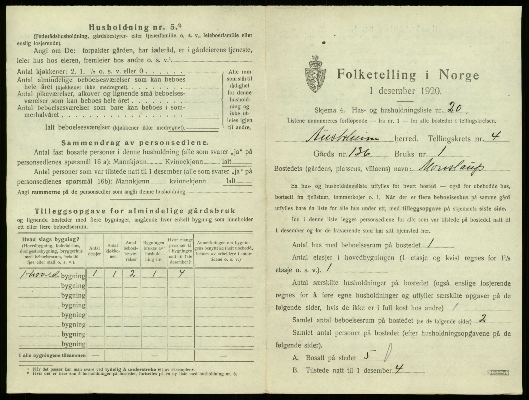 SAB, 1920 census for Austrheim, 1920, p. 232